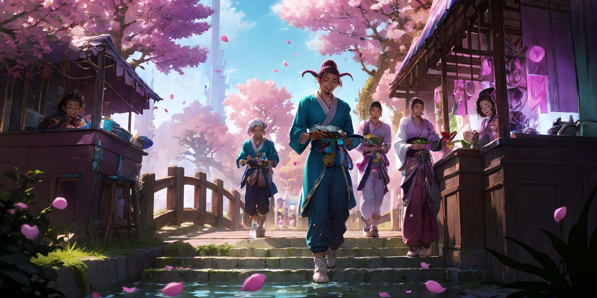 HEZI, LOL, \\\(lol style\\\), game cg, outdoors, multiple boys, multiple girls, tree, smile, white hair, mask, petals, long hair, yordle, black hair, standing, sitting, cherry blossoms, scenery, short hair, water, bare shoulders, waterfall, looking at another, holding, bangs, facial hair, building, leaf, open mouth, weapon, 4boys, hair ornament, alternate costume, brown hair, stairs, beard, teeth, gloves, jewelry, day, pants, japanese clothes, 3boys, closed eyes, ponytail, table, hat, 5boys, glowing, scar, necklace, pointy ears, bridge, breasts, long sleeves, pink hair, hair bun, grin, architecture, official alternate costume<lora:LOL艾欧尼亚(8bit)2-000008:0.7>,