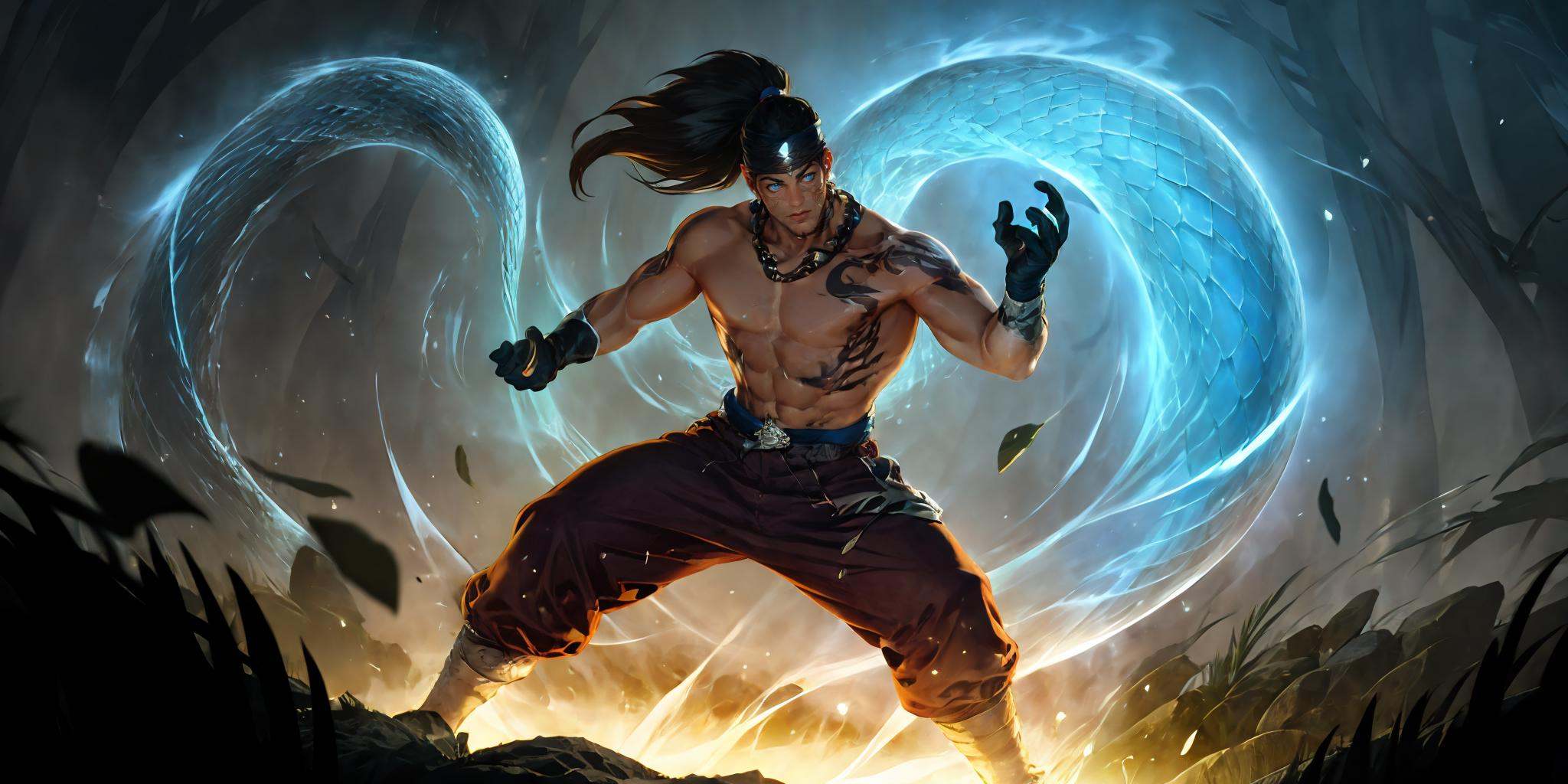 HEZI,LOL,\\\(lol style\\\),game cg,solo,1boy,male focus,black hair,tattoo,fire,muscular,glowing,fighting stance,pants,topless male,headband,jewelry,pectorals,standing,muscular male,magic,dark-skinned male,gloves,snake,long hair,arm tattoo,scar,ponytail,looking at viewer,blue eyes,feet out of frame,<lora:LOL艾欧尼亚(8bit)2-000008:0.7>,