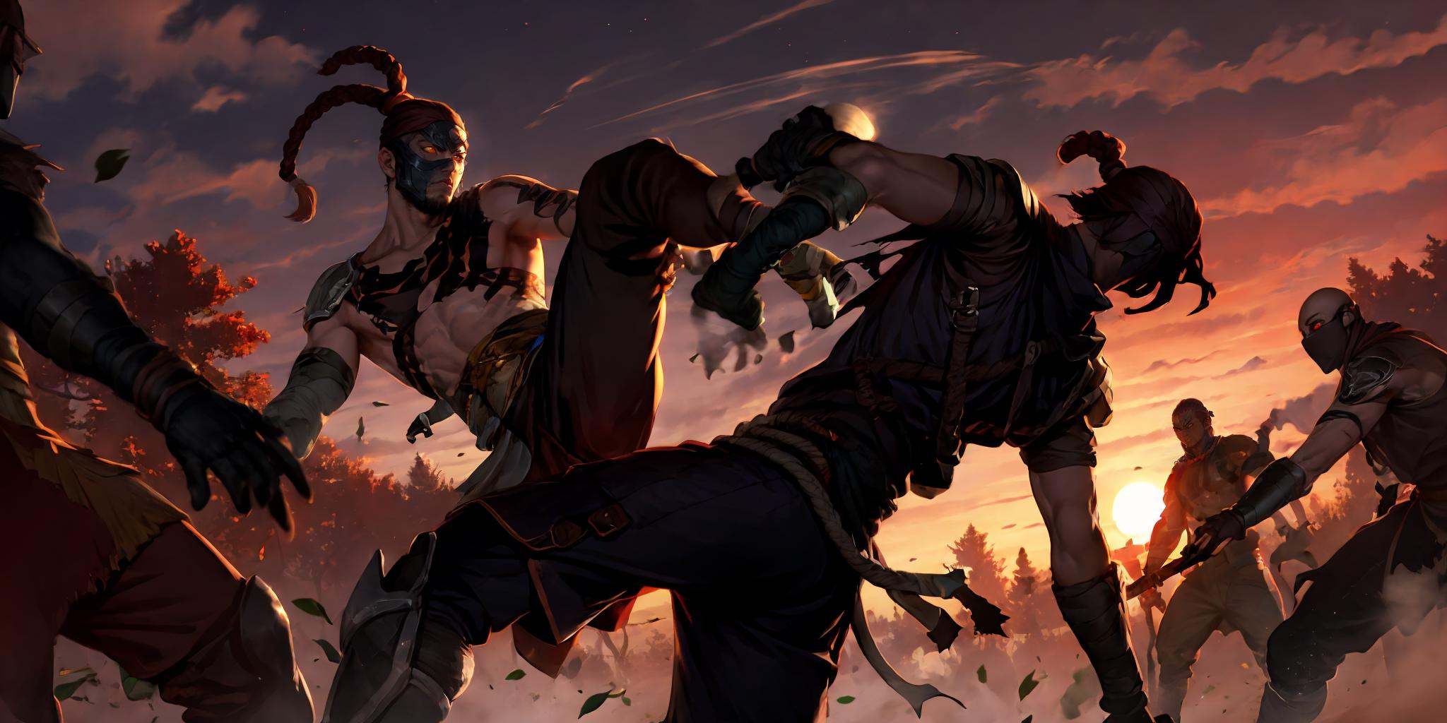 HEZI,LOL,\\\(lol style\\\),game cg,multiple boys,outdoors,sky,tree,armor,rope,male focus,muscular,sunset,pants,tattoo,shoulder armor,gloves,cloud,kicking,sun,glowing,bald,bandages,leaf,abs,leg armor,battle,muscular male,looking at another,black hair,topless male,torn clothes,gauntlets,ninja,mask,bandaged arm,weapon,2boys,red hair,long hair,fingerless gloves,cloudy sky,orange sky,braid,4boys,glowing eyes,pauldrons,ponytail,standing,falling leaves,headband,black gloves,<lora:LOL艾欧尼亚(8bit)2-000008:0.7>,