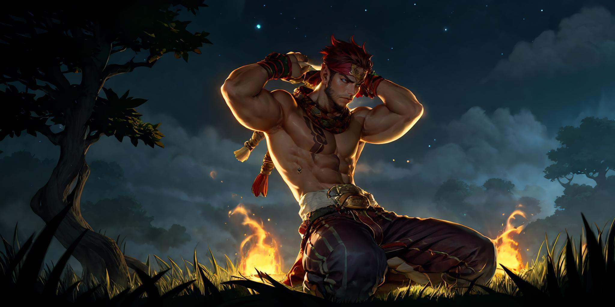 HEZI,LOL,\\\(lol style\\\),game cg,thick arms,biceps,solo,muscular,sky,male focus,armpits,muscular male,1boy,abs,tree,tattoo,grass,manly,bara,armband,pectorals,night sky,cloudy sky,night,outdoors,nipples,mature male,thick thighs,pants,topless male,chest tattoo,cloud,stomach tattoo,gauntlets,arm tattoo,thighs,glowing,mask,large pectorals,sitting,leaf,leg armor,bush,light,spiked hair,jewelry,bandages,red hair,short hair,back tattoo,facial hair,rope,looking to the side,armpit hair,star \(sky\),fireflies,plant,thick eyebrows,dragon,navel,nature,long hair,arms up,headband,belt,<lora:LOL艾欧尼亚(8bit)2-000008:0.7>,