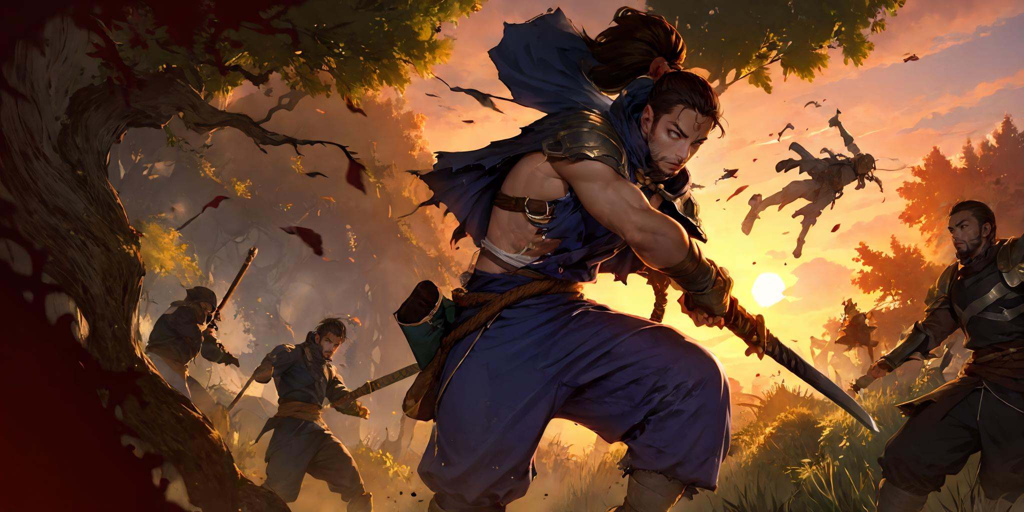 HEZI,LOL,\\\(lol style\\\),game cg,weapon,sword,holding weapon,tree,holding sword,holding,long hair,multiple boys,ponytail,male focus,sheath,outdoors,facial hair,black hair,nature,forest,battle,muscular,shoulder armor,torn,beard,armor,6+boys,katana,jumping,pants,torn clothes,backlighting,ninja,rope,cape,solo focus,sheathed,belt,brown hair,scabbard,midair,sunset,sash,1boy,muscular male,<lora:LOL艾欧尼亚(8bit)2-000008:0.7>,