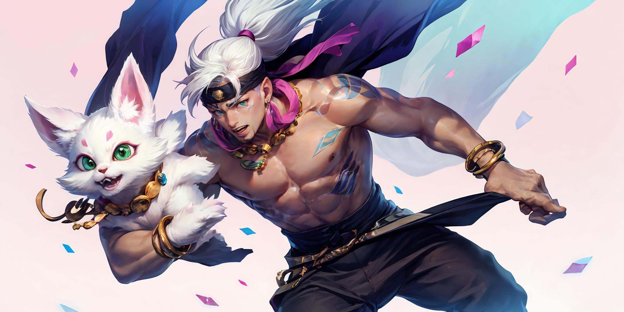HEZI,LOL,\\\(lol style\\\),game cg,1boy,long hair,pants,male focus,ponytail,jewelry,weapon,looking at viewer,bangs,tattoo,bell,white hair,single bare shoulder,green eyes,holding,facial hair,gloves,blue eyes,closed mouth,holding weapon,headband,animal,cat,pink background,beard,official alternate costume,sword,black pants,abs,simple background,collar,solo,necklace,neck bell,gradient background,gem,pectorals,holding sword,topless male,parted bangs,muscular male,ribbon,gradient,smile,muscular,multicolored background,bare shoulders,bracelet,grey hair,collarbone,teeth,earrings,open mouth,feet out of frame,arm tattoo,white background,<lora:LOL艾欧尼亚(8bit)2-000008:0.7>,