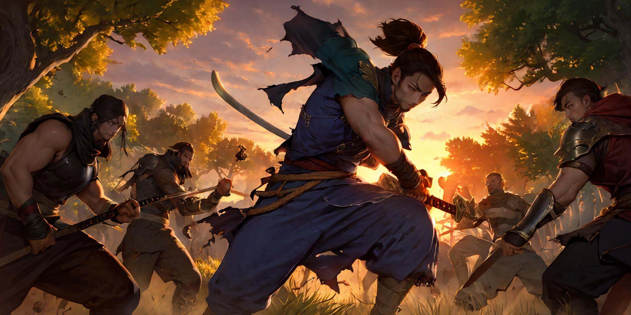HEZI,LOL,\\\(lol style\\\),game cg,weapon,sword,holding weapon,tree,holding sword,holding,long hair,multiple boys,ponytail,male focus,sheath,outdoors,facial hair,black hair,nature,forest,battle,muscular,shoulder armor,torn,beard,armor,6+boys,katana,jumping,pants,torn clothes,backlighting,ninja,rope,cape,solo focus,sheathed,belt,brown hair,scabbard,midair,sunset,sash,1boy,muscular male,<lora:LOL艾欧尼亚(8bit)2-000008:0.7>,