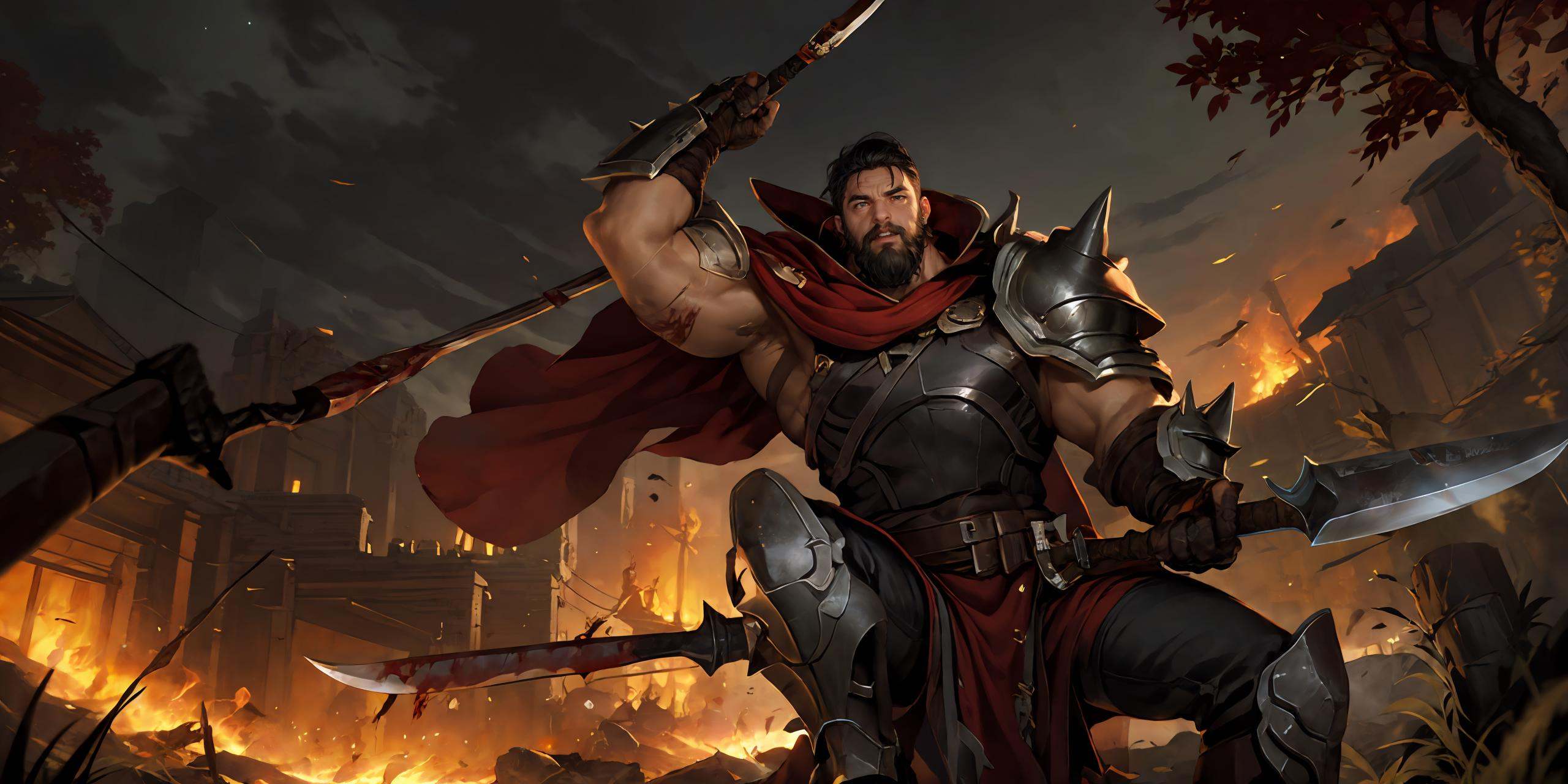 HEZI, LOL, \\\(lol style\\\), game cg, axe, armor, fire, weapon, male focus, shoulder armor, black hair, 1boy, muscular, gloves, fingerless gloves, arrow \(projectile\), solo, holding, outdoors, short hair, blood, scar on face, scar, gauntlets, pauldrons, muscular male, manly, spikes, mature male, cape, facial hair, scar across eye, holding axe, holding weapon, beard, one knee, shoulder spikes, tree, war, night, sky, planted, death, looking at viewer, closed mouth, sword, teeth,<lora:盒子系列——LOL美宣氛围质感(诺克萨斯):0.7>,