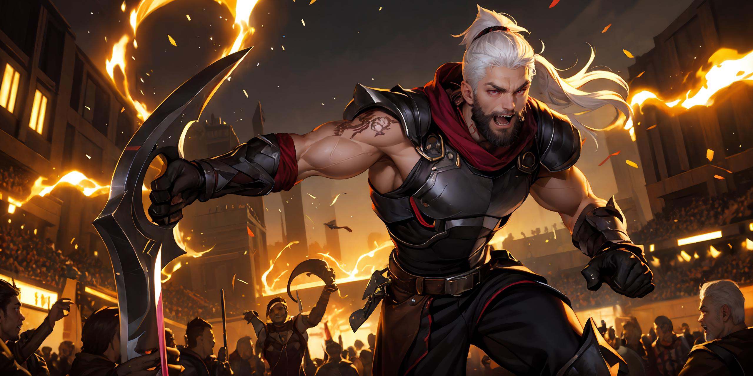 HEZI, LOL, \\\(lol style\\\), game cg, male focus, teeth, ponytail, long hair, 1boy, muscular, weapon, glowing eyes, claw \(weapon\), claws, glowing, gloves, facial hair, solo focus, red eyes, manly, topless male, multiple boys, clenched teeth, purple hair, armor, running, sharp teeth, pants, muscular male, white hair, crowd, battle, open mouth, multicolored hair, tattoo, beard,<lora:LOL诺克萨斯(8bit)-000009:0.6>,