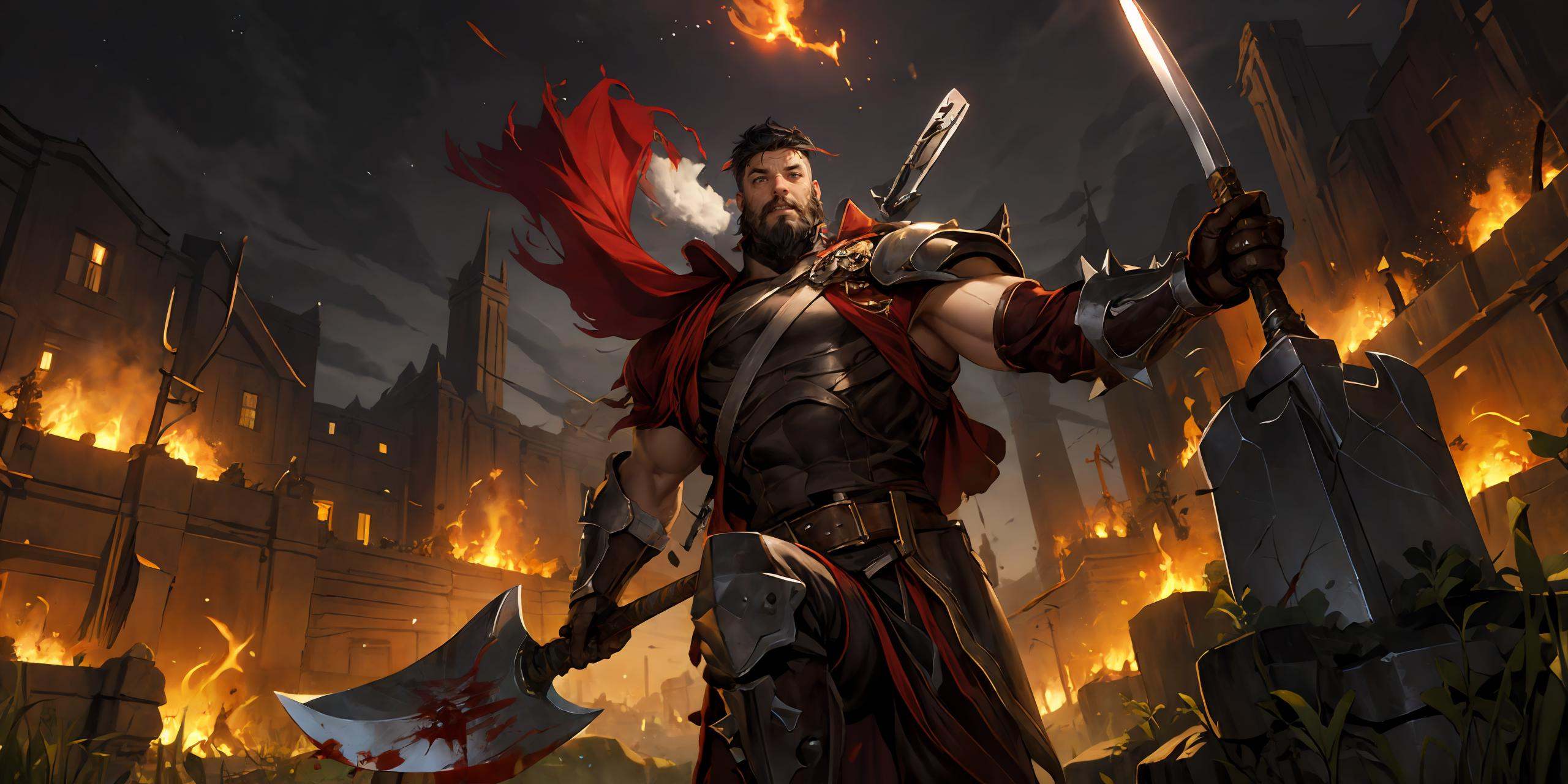 HEZI,LOL,\\\(lol style\\\),game cg,axe,armor,fire,weapon,male focus,shoulder armor,black hair,1boy,muscular,gloves,fingerless gloves,arrow \(projectile\),solo,holding,outdoors,short hair,blood,scar on face,scar,gauntlets,pauldrons,muscular male,manly,spikes,mature male,cape,facial hair,scar across eye,holding axe,holding weapon,beard,one knee,shoulder spikes,tree,war,night,sky,planted,death,looking at viewer,closed mouth,sword,teeth,,<lora:LOL诺克萨斯(8bit)-000009:0.7>,