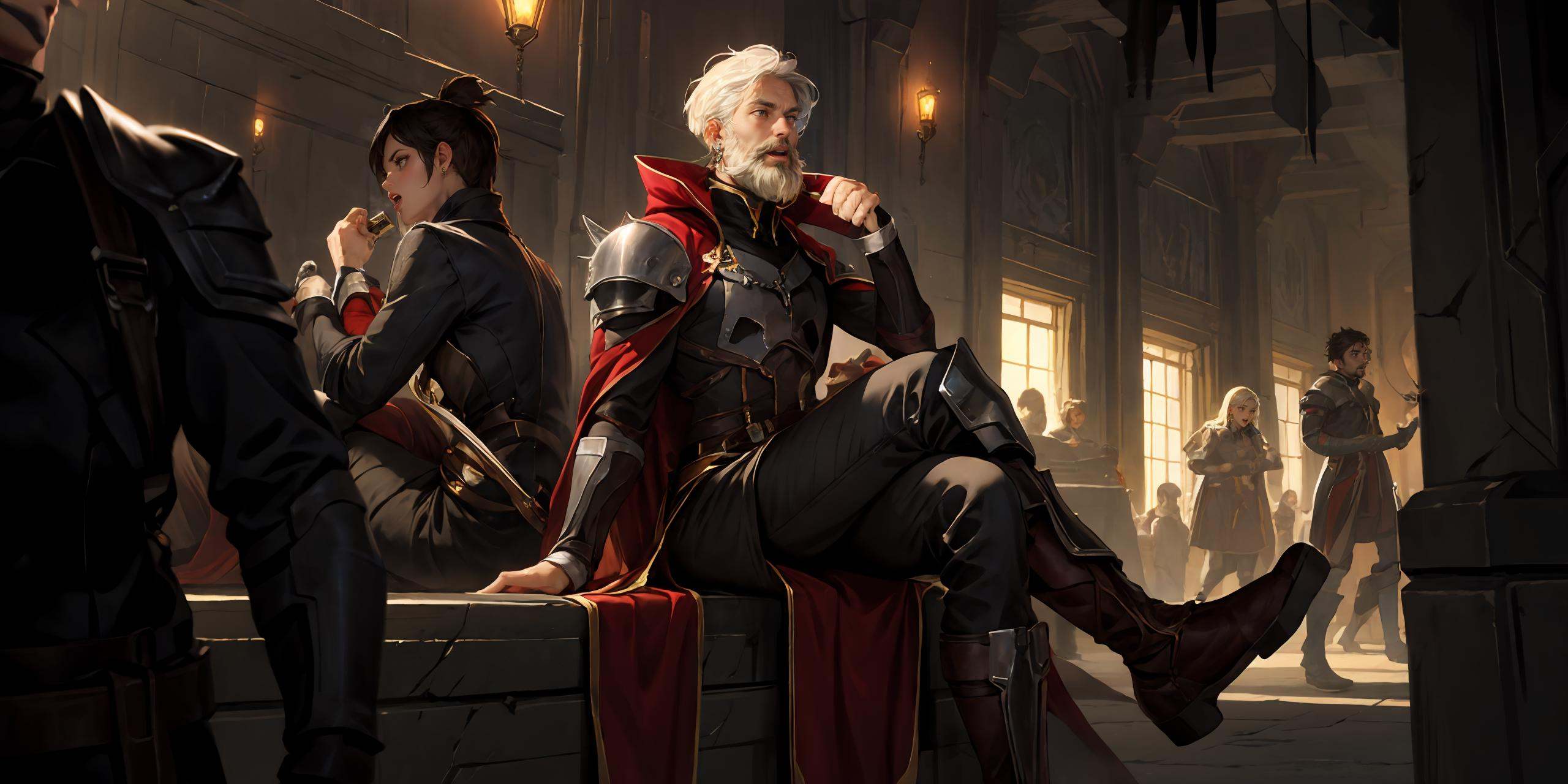 HEZI,LOL,\\\(lol style\\\),game cg,multiple boys,crow,bird,sword,weapon,gloves,black hair,white hair,brown hair,sitting,short hair,1girl,boots,armor,facial hair,multiple girls,jewelry,open mouth,cape,beard,blonde hair,long hair,earrings,2girls,crossed legs,6+boys,<lora:LOL诺克萨斯(8bit)-000009:0.6>,