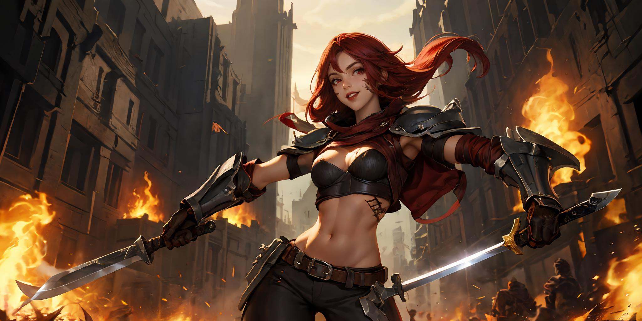 HEZI,LOL,\\\(lol style\\\),game cg,1girl,red hair,long hair,armor,weapon,gloves,fingerless gloves,midriff,navel,battle,motion blur,sword,belt,breasts,scar,red eyes,scar across eye,vambraces,gauntlets,solo focus,holding,shoulder armor,scar on face,cropped jacket,holding weapon,pauldrons,black nails,medium breasts,holding sword,jacket,looking at viewer,lips,multiple boys,knife,black gloves,nail polish,pants,parted lips,smile,fighting stance,<lora:LOL诺克萨斯(8bit)-000010:0.65>,
