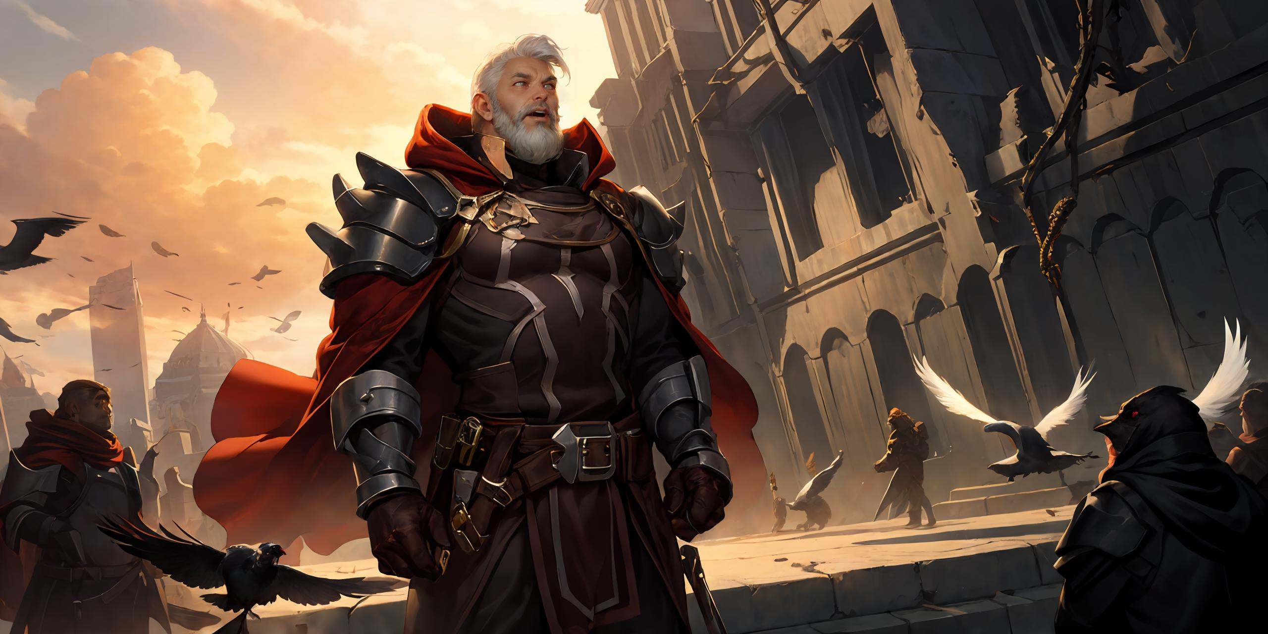 HEZI, LOL, \\\(lol style\\\), game cg, bird, crow, 1boy, male focus, armor, solo, white hair, long hair, cloud, gloves, sky, feathers, facial hair, belt, outdoors, beard, building, standing, cloudy sky, animal, glowing, hood, city, cape, red eyes, closed mouth, flying, gauntlets, magic<lora:LOL诺克萨斯(8bit)-000010:0.65>,