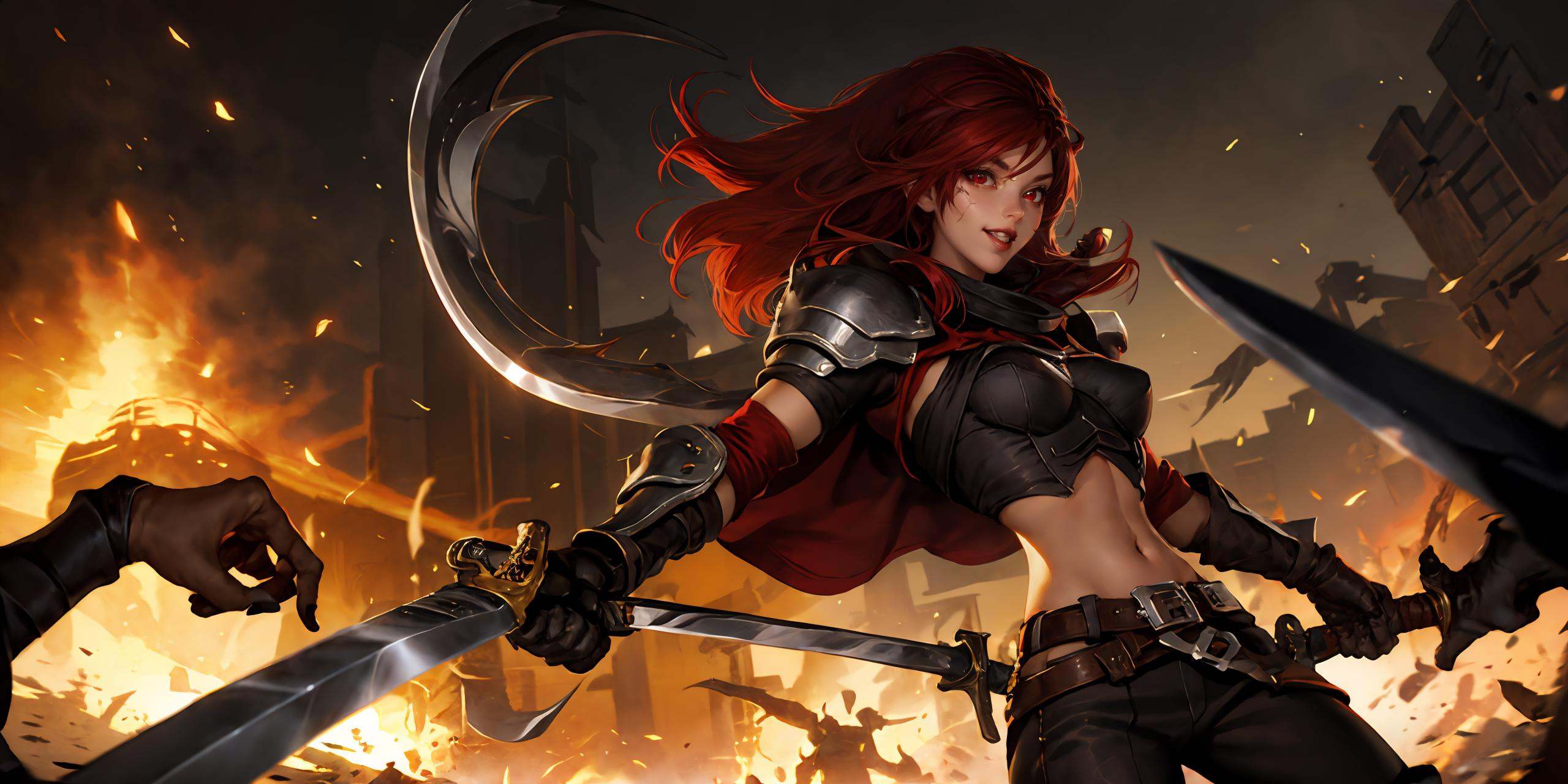 HEZI,LOL,\\\(lol style\\\),game cg,1girl,red hair,long hair,armor,weapon,gloves,fingerless gloves,midriff,navel,battle,motion blur,sword,belt,breasts,scar,red eyes,scar across eye,vambraces,gauntlets,solo focus,holding,shoulder armor,scar on face,cropped jacket,holding weapon,pauldrons,black nails,medium breasts,holding sword,jacket,looking at viewer,lips,multiple boys,knife,black gloves,nail polish,pants,parted lips,smile,fighting stance,<lora:LOL诺克萨斯(8bit)-000010:0.65>,