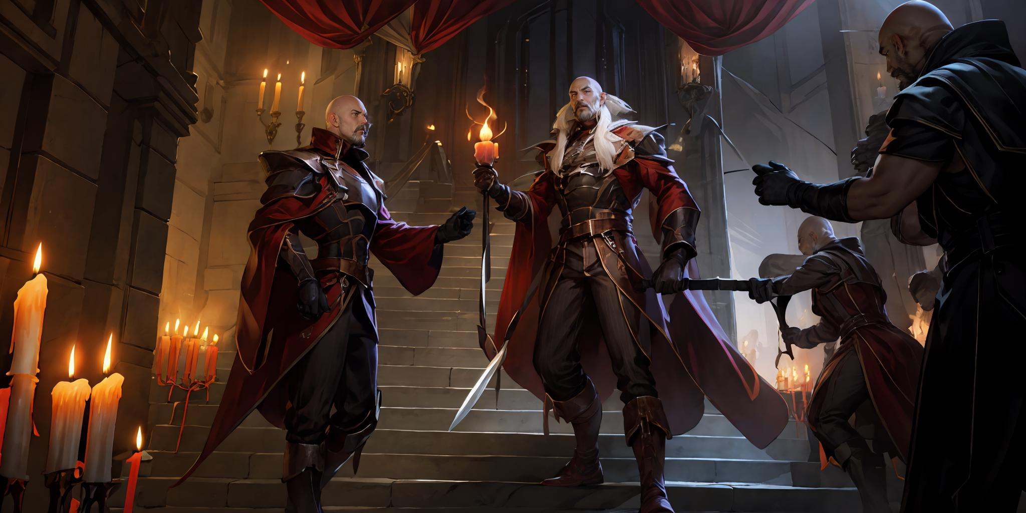 HEZI, LOL, \\\(lol style\\\), game cg, candle, bald, multiple boys, stairs, candlestand, gloves, bowing, white hair, facial hair, white gloves, male focus, holding, boots, mustache, 6+boys, long hair, curtains, colored skin, weapon, fire, whip, long sleeves, knife, standing, pants<lora:LOL诺克萨斯(8bit)-000010:0.65>,