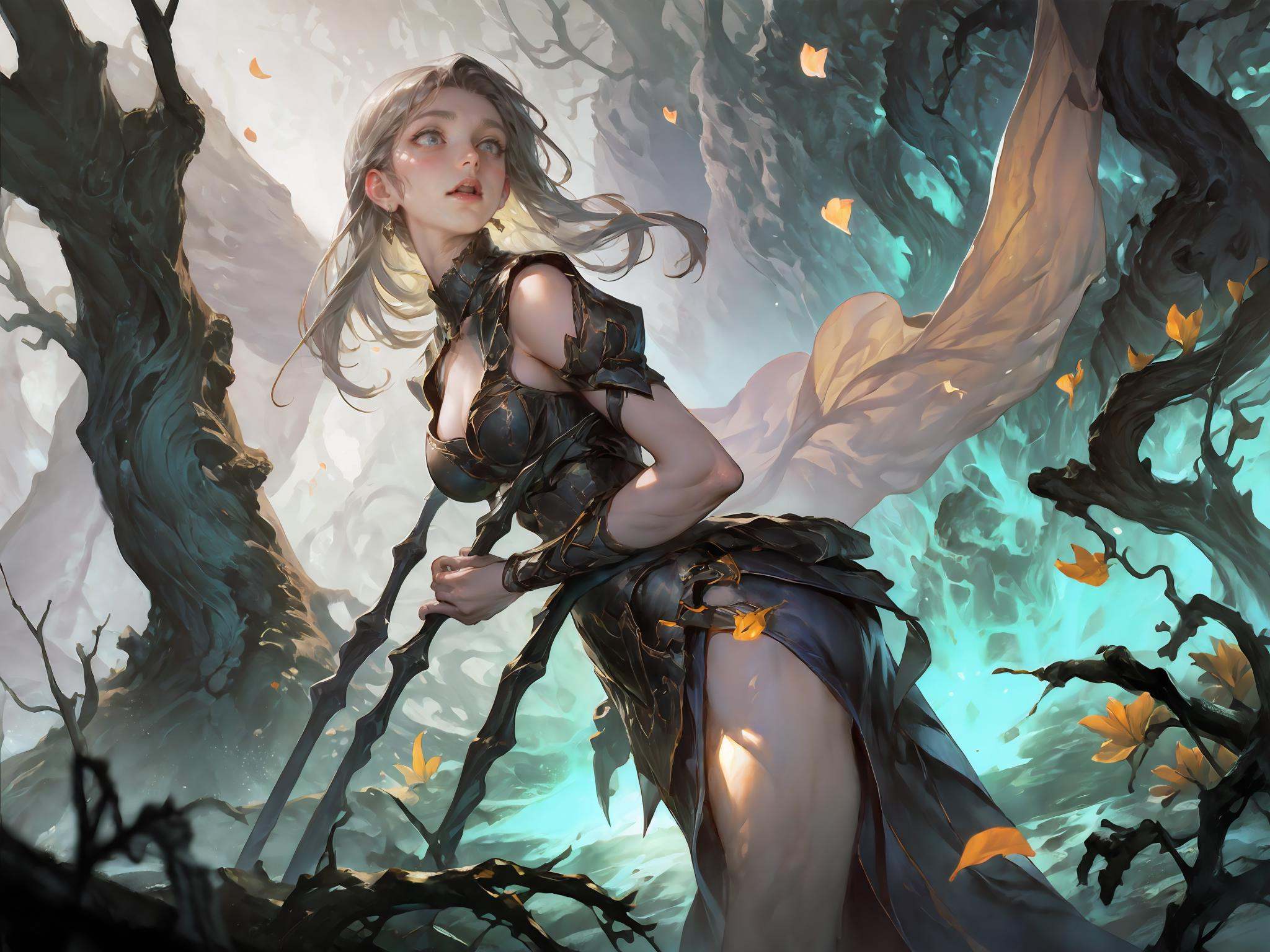 (masterpiece, best quality,top quality),(cowboy_shot:1.1),(lol_style),game cg,petals,1girl,breasts,tree,solo,silver hair,fantasy dress,white,weapon,long_hair,water,holding_weapon,looking_at_viewer,holding,hills,scenery,background,outdoors,top light,Tindal effect,particle effects,illuminatio,dynamic angle,depth of field,impressionist art,real light and shadow,<lora:lol暗影岛3-000018:0.7>,