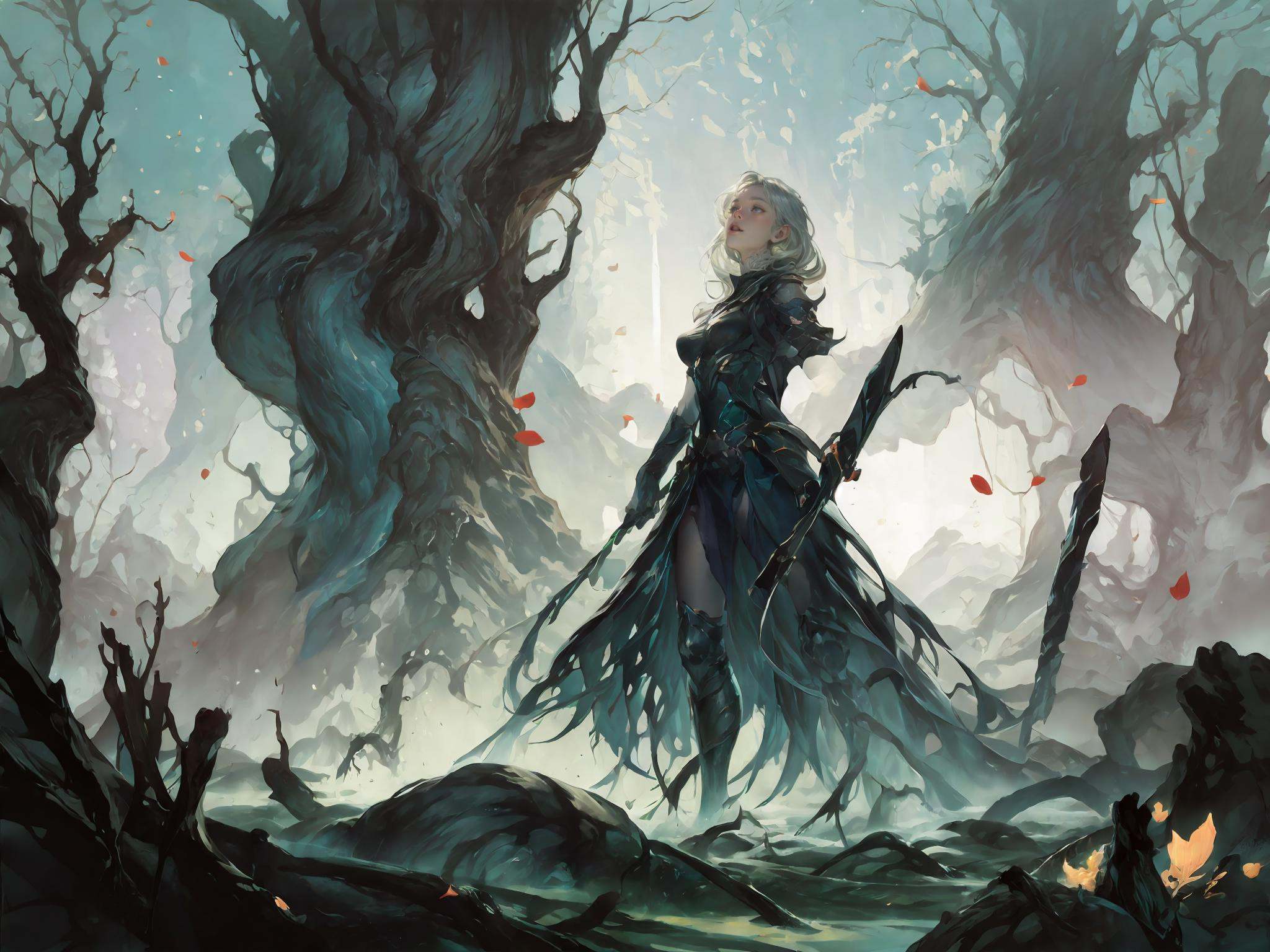 (masterpiece, best quality,top quality),(cowboy_shot:1.1),(lol_style),game cg,petals,1girl,breasts,tree,solo,silver hair,fantasy dress,white,weapon,long_hair,water,holding_weapon,looking_at_viewer,holding,hills,scenery,background,outdoors,top light,Tindal effect,particle effects,illuminatio,dynamic angle,depth of field,impressionist art,real light and shadow,