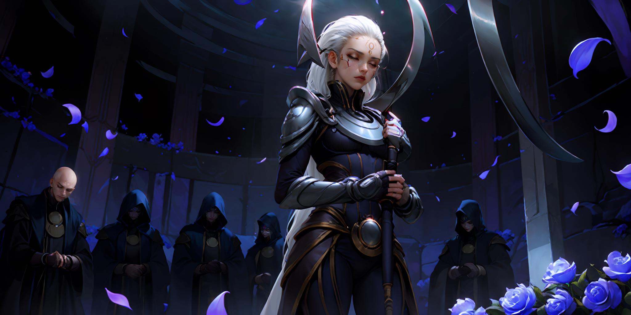 HEZI,LOL,\\\(lol style\\\),game cg,bald,armor,holding,petals,long hair,1girl,weapon,white hair,scythe,hood,flower,closed mouth,multiple boys,shoulder armor,holding weapon,hood up,long sleeves,blue flower,forehead mark,facial mark,robe,multiple others,rose,standing,closed eyes,gloves,old,mask,wide sleeves,own hands together,crossed arms,looking at viewer,indoors,fingerless gloves,faceless,<lora:LOL巨神峰_天界(8bit)2-000018:0.7>,