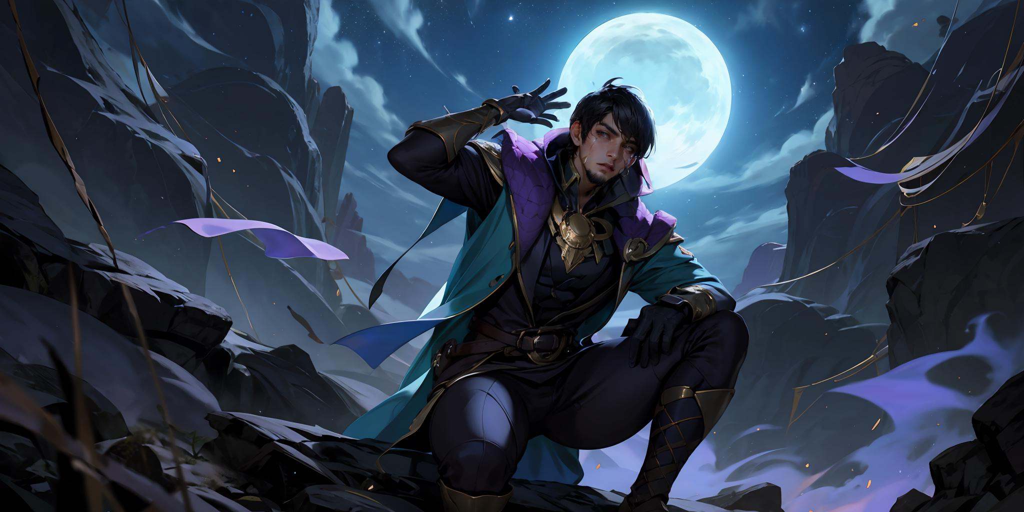 HEZI, LOL, \\\(lol style\\\), game cg, night, 1boy, black hair, bangs, outdoors, sky, short hair, facial hair, holding, moon, star \(sky\), 1girl, scar, long hair, cape, solo, gloves, night sky, starry sky, crescent moon, pants, looking at viewer, sitting, teeth, one knee, mask, male focus, beard, long sleeves, scar on face, bowl, glowing, hand up<lora:LOL巨神峰_天界(8bit)2-000018:0.6>,