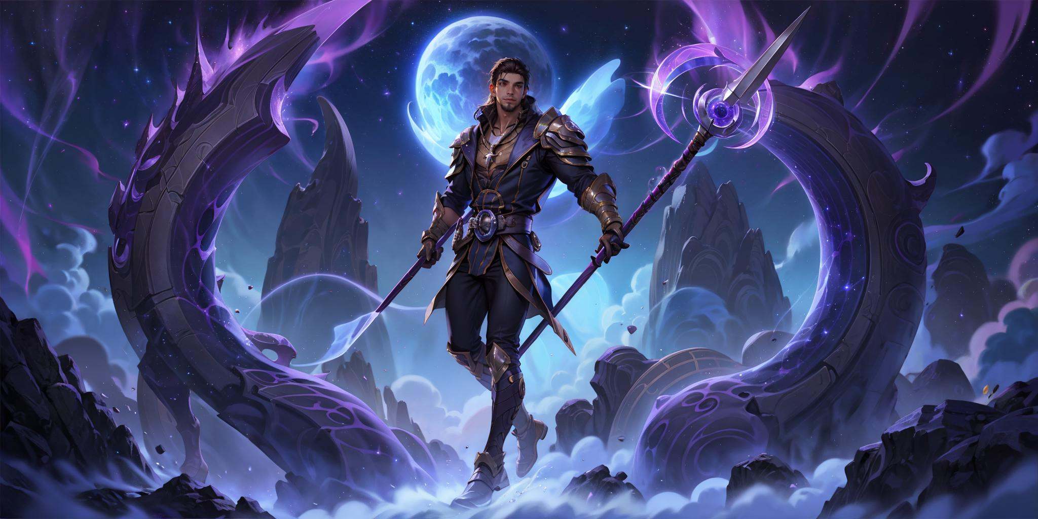 HEZI,LOL,\\\(lol style\\\),game cg,1boy,male focus,solo,staff,pants,facial hair,black hair,gloves,star \(sky\),long hair,sky,belt,floating,outdoors,holding,night,starry sky,glowing,armor,beard,night sky,bangs,holding staff,space,muscular male,necklace,black pants,muscular,magic,gauntlets,brown hair,pectorals,standing,weapon,light,collarbone,tentacles,jewelry,full body,smile,jacket,mature male,looking at viewer,<lora:LOL巨神峰_天界(8bit)2-000018:0.6>,