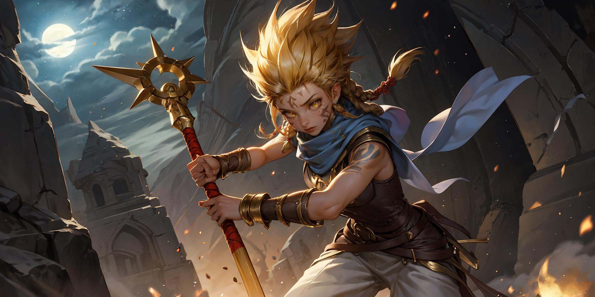 HEZI, LOL, \\\(lol style\\\), game cg, blonde hair, weapon, 1girl, holding, moon, 1boy, yellow eyes, holding weapon, armor, braid, long hair, spiked hair, sword, scarf, magic, bracer, sky, night, glowing, facial mark, full moon, outdoors, tattoo, knife, twin braids, colored skin, fantasy<lora:LOL巨神峰_天界(8bit)2-000018:0.6>,