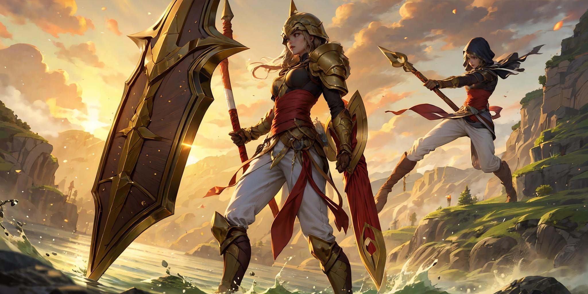 HEZI, LOL, \\\(lol style\\\), game cg, shield, weapon, holding, water, outdoors, armor, holding weapon, boots, 2girls, pants, multiple girls, knife, battle, sky, shoulder armor, dagger, holding shield, hat, cloud, 1girl, sunset, hood, staff, breasts, umbrella, gauntlets, standing, 1boy, rock, white pants, sword, pauldrons, medium breasts, sash, polearm, helmet, breastplate, brown footwear<lora:LOL巨神峰_天界(8bit)2-000018:0.6>,