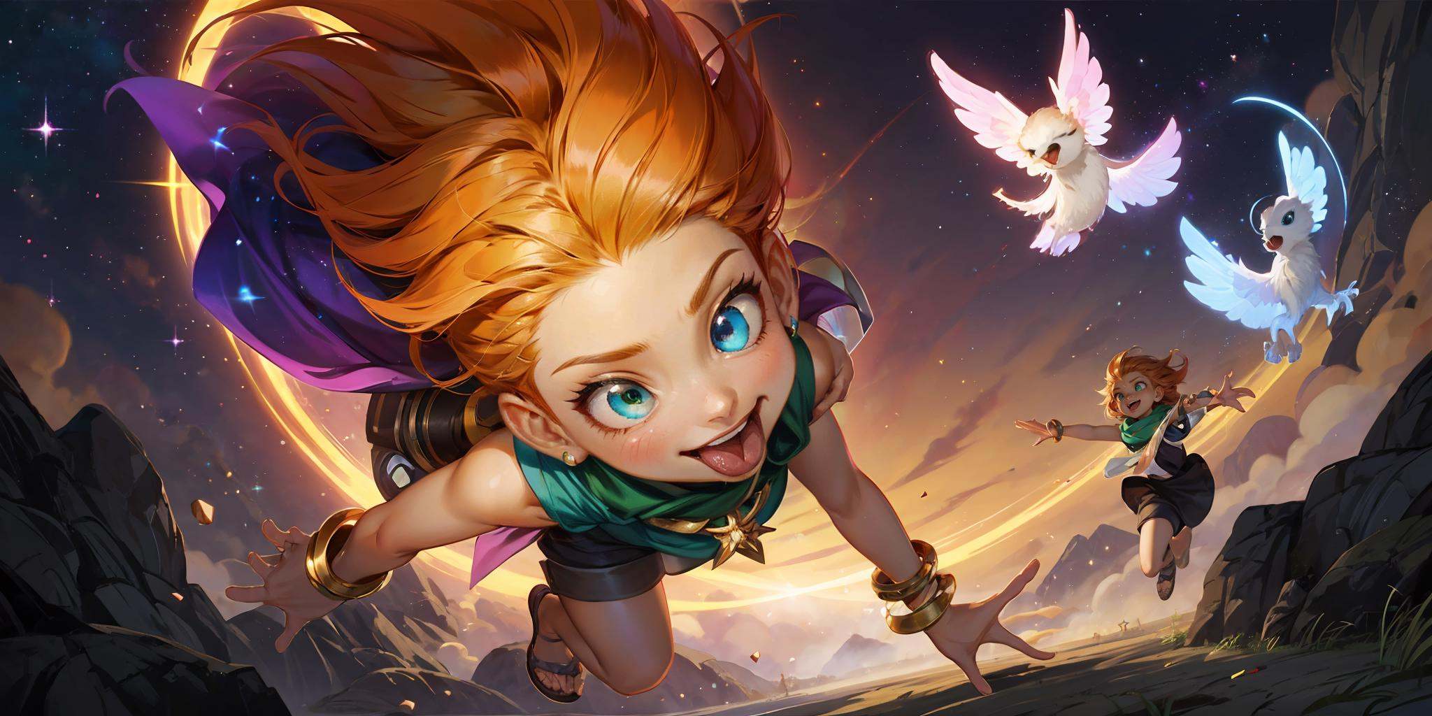 HEZI,LOL,\\\(lol style\\\),game cg,tongue,heterochromia,tongue out,long hair,jewelry,green eyes,multicolored hair,bracelet,necklace,orange hair,bangs,blonde hair,:p,sparkle,multiple girls,gem,blue eyes,2girls,two-tone hair,animal,smile,shorts,pants,bare shoulders,star \(sky\),shirt,1girl,shiny,shiny hair,shoes,dragon,looking at another,green shirt,scarf,outdoors,bare arms,space,crop top,pendant,skirt,magic,mouse,starry sky,weapon,floating,sky,sandals,falling,open mouth,glowing,<lora:盒子系列——LOL美宣氛围质感(巨神峰_天界):0.6>,