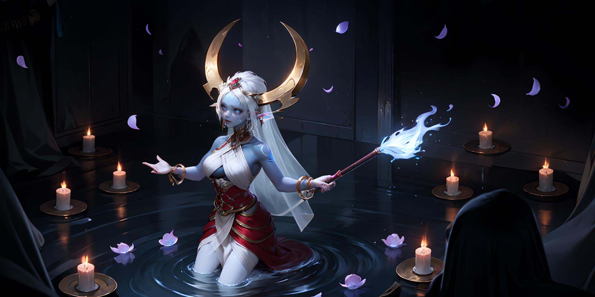 HEZI, LOL, \\\(lol style\\\), game cg, 1girl, candle, breasts, long hair, pointy ears, veil, staff, glowing, colored skin, jewelry, water, wading, white hair, magic, blue eyes, cleavage, holding, petals, large breasts, fire, glowing eyes, dress, solo focus, bare shoulders, hair ornament, horns, holding staff, tattoo, bracelet, red skirt, indoors, medium breasts, blue fire, weapon, headdress, necklace, kneeling<lora:LOL巨神峰_天界(8bit)2-000018:0.6>,