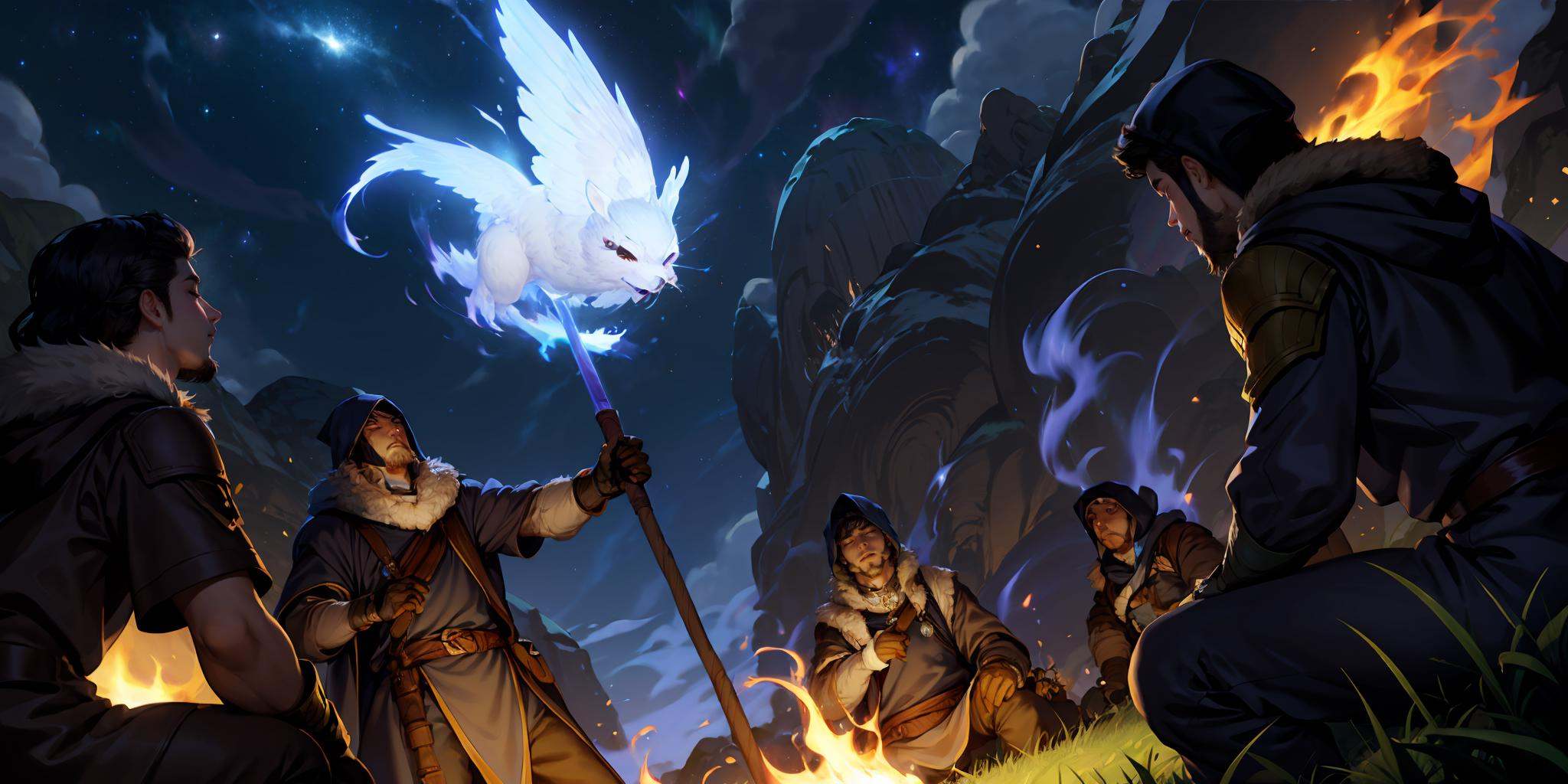 HEZI,LOL,\\\(lol style\\\),game cg,holding,multiple boys,outdoors,staff,night,hood,3boys,facial hair,brown hair,1girl,holding staff,sitting,sky,beard,hood up,grass,fur trim,black hair,looking at another,armor,magic,pants,gloves,smile,fire,star \(sky\),night sky,short hair,bag,rock,blonde hair,long hair,looking up,arm up,standing,glowing,cloud,jewelry,closed eyes,mask,brown pants,<lora:LOL巨神峰_天界(8bit)2-000018:0.6>,