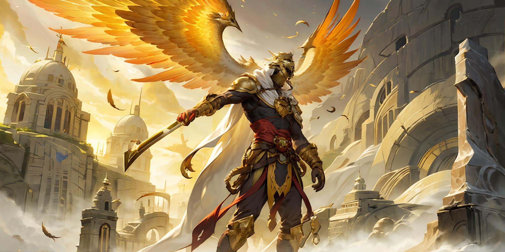 HEZI, LOL, \\\(lol style\\\), game cg, bird, weapon, holding, wings, outdoors, holding weapon, gloves, armor, feathers, helmet, sword, sky, 1boy, brown gloves, white cape, cape, solo, flying, male focus, holding sword, cloud, ruins, mask, 1girl, dark skin, sunlight, hood, belt, scenery, standing, sun<lora:LOL巨神峰_天界(8bit)2-000018:0.7>,