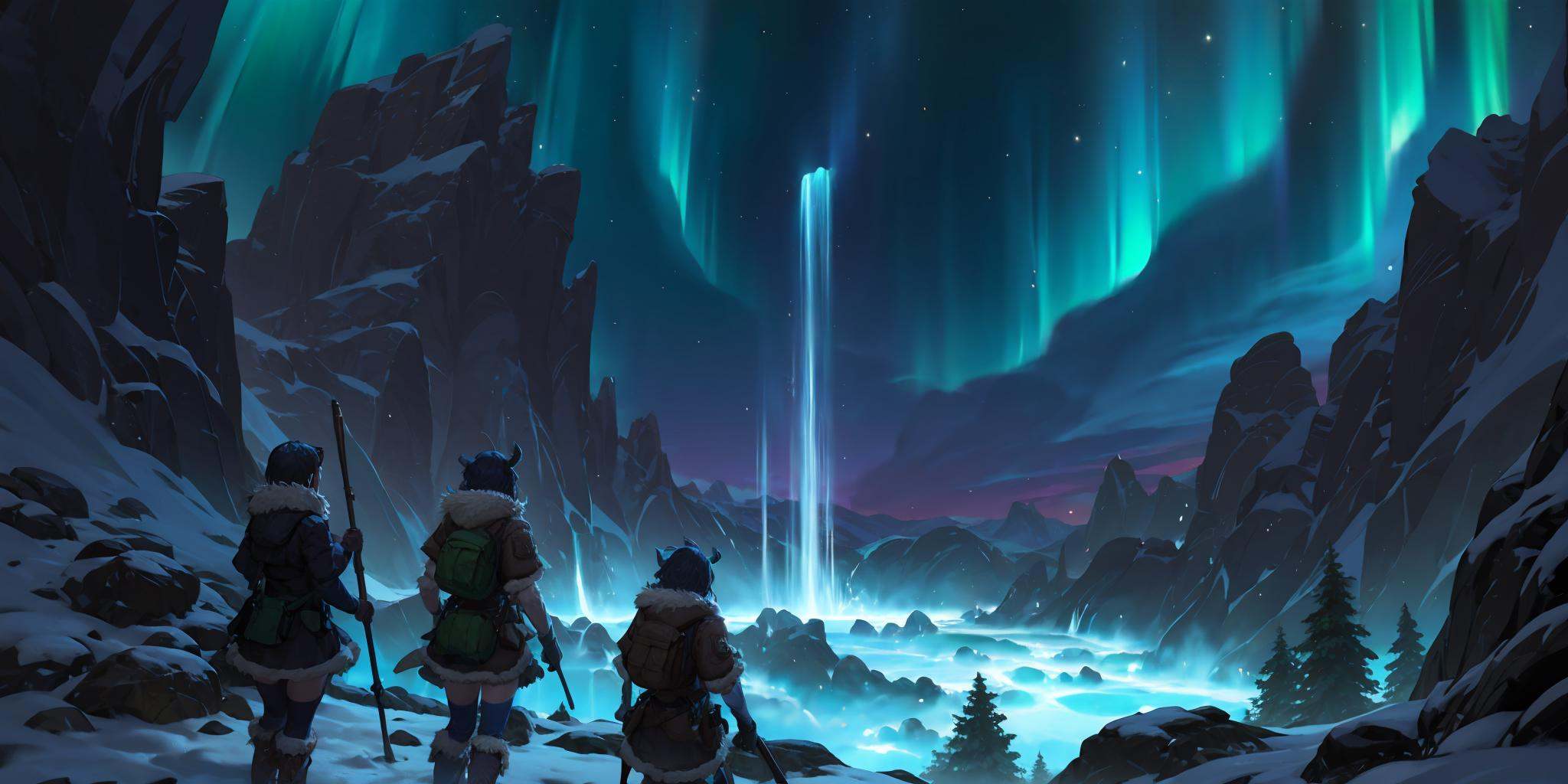 HEZI, LOL, \\\(lol style\\\), game cg, aurora, night, multiple girls, scenery, waterfall, sky, outdoors, star \(sky\), weapon, water, starry sky, night sky, bag, gun, backpack, 3girls, from behind, fur trim, short hair, rifle, staff, holding, mountain, fantasy, boots, 2girls, cliff, coat, standing, rock, hat, tree, skirt, horns, holding weapon<lora:LOL巨神峰_天界(8bit)2-000018:0.6>,