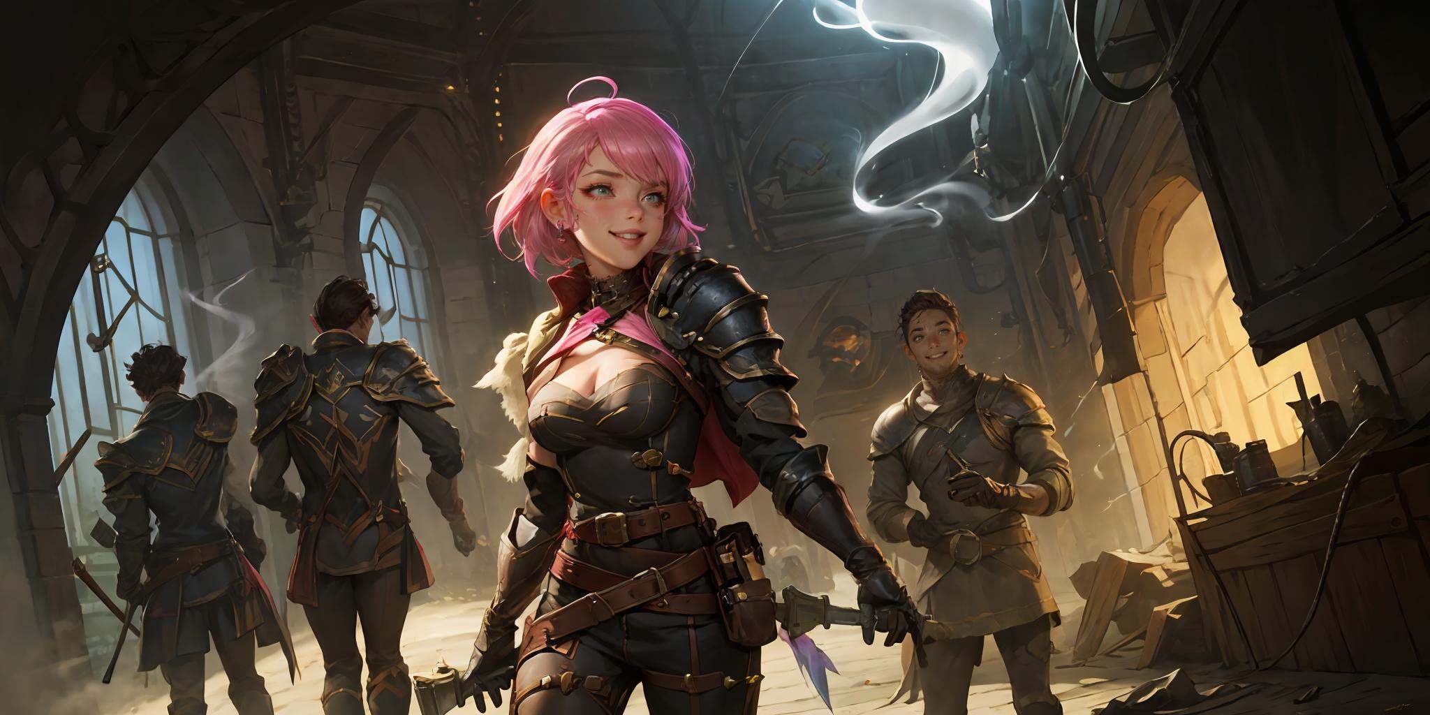 HEZI,LOL,\\\(lol style\\\),game cg,vi \(league of legends\),pink hair,weapon,1girl,breasts,gauntlets,solo focus,gun,short hair,cleavage,armor,goggles,multiple boys,scar,tattoo,medium breasts,smile,smoke,belt,<lora:LOL皮尔特沃夫-祖安(8bit)-000010:0.6>,