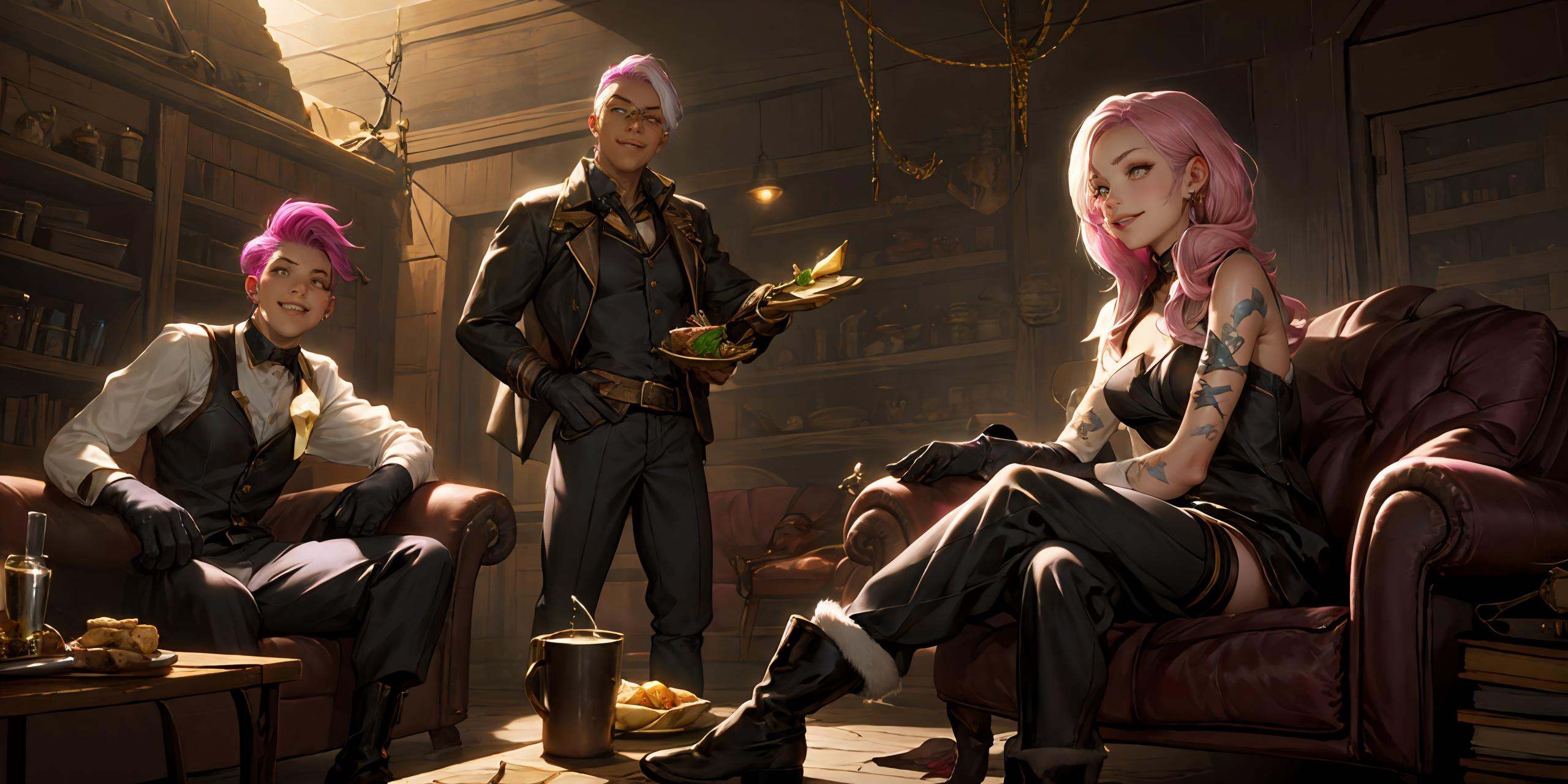 multiple girls, vi (league of legends), caitlyn (league of legends), multiple boys, sitting, couch, pink hair, gloves, breasts, short hair, white hair, pants, indoors, smile, boots, elbow gloves, scar across eye, tattoo, table, black hair, 6+girls, food, medium breasts, scar, dark skin, jinx (league of legends), thighhighs, formal, long hair<lora:盒子系列——LOL美宣氛围质感(皮尔特沃夫_祖安):0.6>,