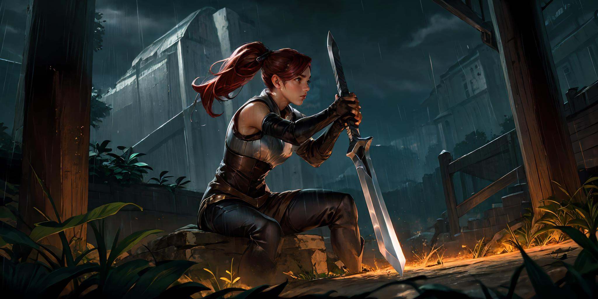 HEZI,LOL,lol style,game cg,male focus,1girl, weapon, sword, armor, gloves, sitting, brown hair, long hair, rain, fingerless gloves, planted, ponytail, holding, planted sword, red hair, solo focus, breasts, elbow gloves<lora:LOL德玛西亚(8bit）:0.65>,