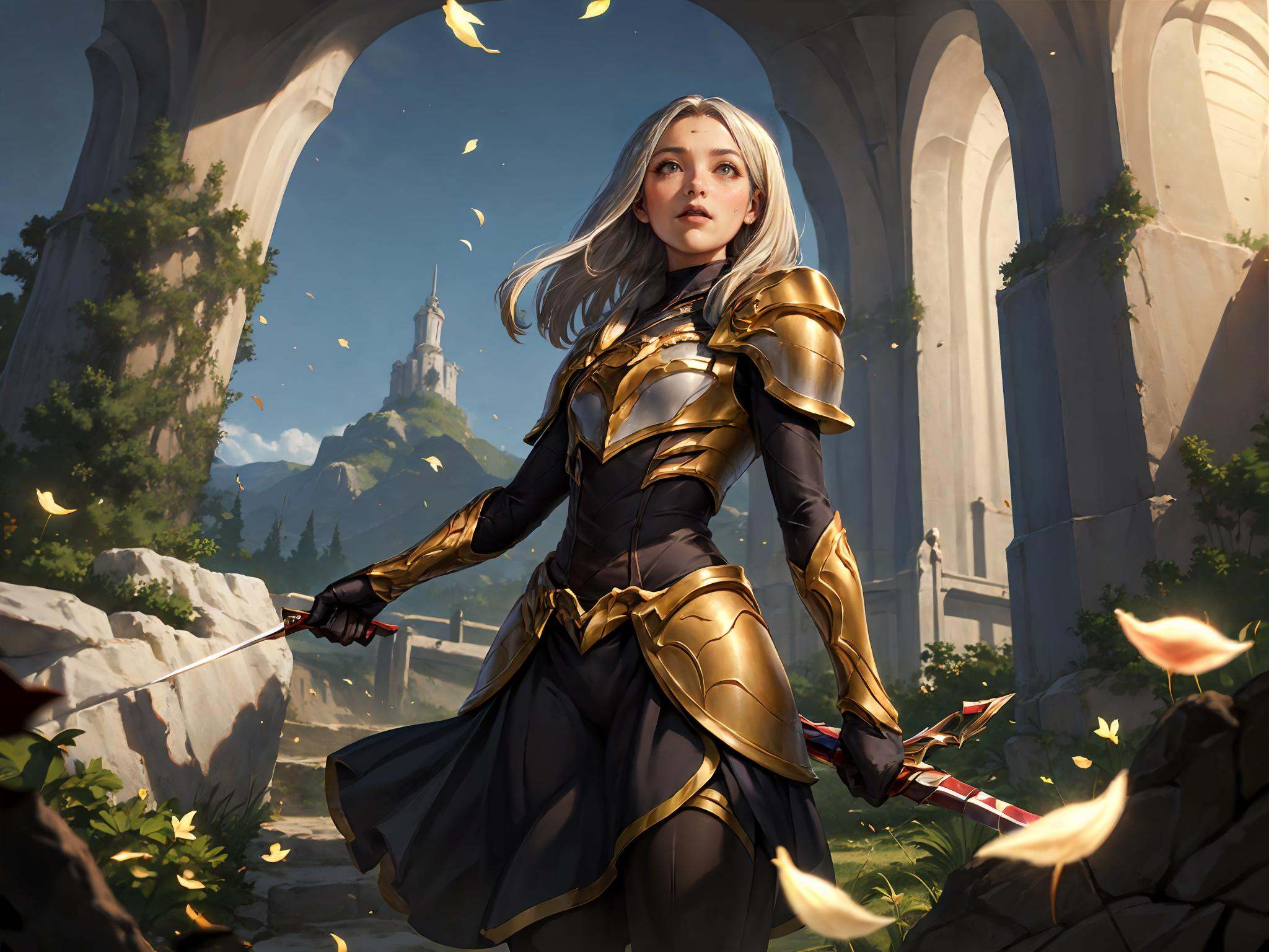 HEZI,LOL,lol style,game cg,(masterpiece, best quality,top quality),(cowboy_shot:1.1),(lol_style),game cg,petals,1girl,breasts,tree,solo,silver hair,fantasy dress,white,weapon,long_hair,water,holding_weapon,looking_at_viewer,holding,hills,scenery,background,outdoors,top light,Tindal effect,particle effects,illuminatio,dynamic angle,depth of field,impressionist art,real light and shadow,