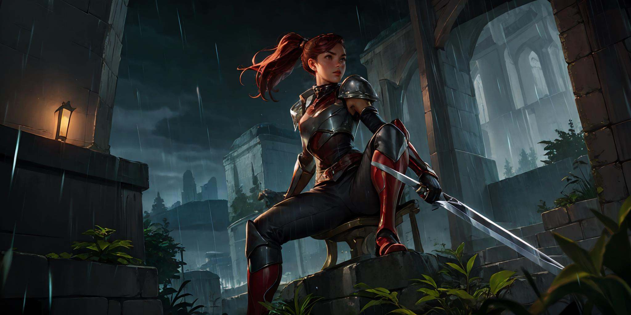 HEZI,LOL,lol style,game cg,male focus,1girl, weapon, sword, armor, gloves, sitting, brown hair, long hair, rain, fingerless gloves, planted, ponytail, holding, planted sword, red hair, solo focus, breasts, elbow gloves<lora:LOL德玛西亚(8bit）:0.65>,