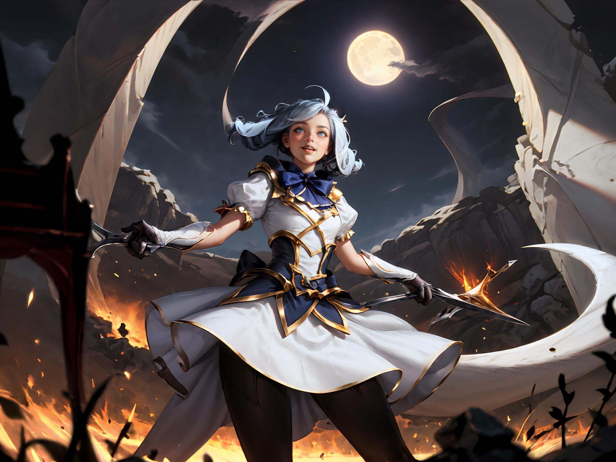 HEZI,LOL,lol style,game cHDR,UHD,8K,Highly detailed,best quality,masterpiece,1girl,solo,scissors,long hair,solo,Big scissors,hands back,twin drills,drill hair,gloves,dress,holding,bangs,twintails,grey dress,black bow,hair bow,bow,blue hair,pantyhose,short sleeves,black gloves,smile,ahoge,blue and red eyes,((heterochromia)),puffy sleeves,looking at viewer,puffy short sleeves,black and white dress,needle,weapon,blue hair,gwen \(league of legends\),outdoor,stars,moon,night,<lora:gwen1.0:0.6>,