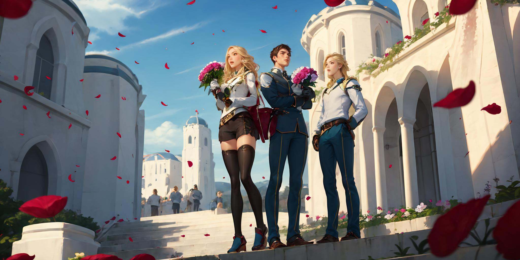HEZI,LOL,lol style,game cg,blonde hair, petals, multiple boys, bouquet, flower, 2boys, sky, 1girl, gloves, long hair, thighhighs, rose, day, outdoors, hand on hip, brown hair, pants,<lora:LOL德玛西亚(8bit）:0.65>,