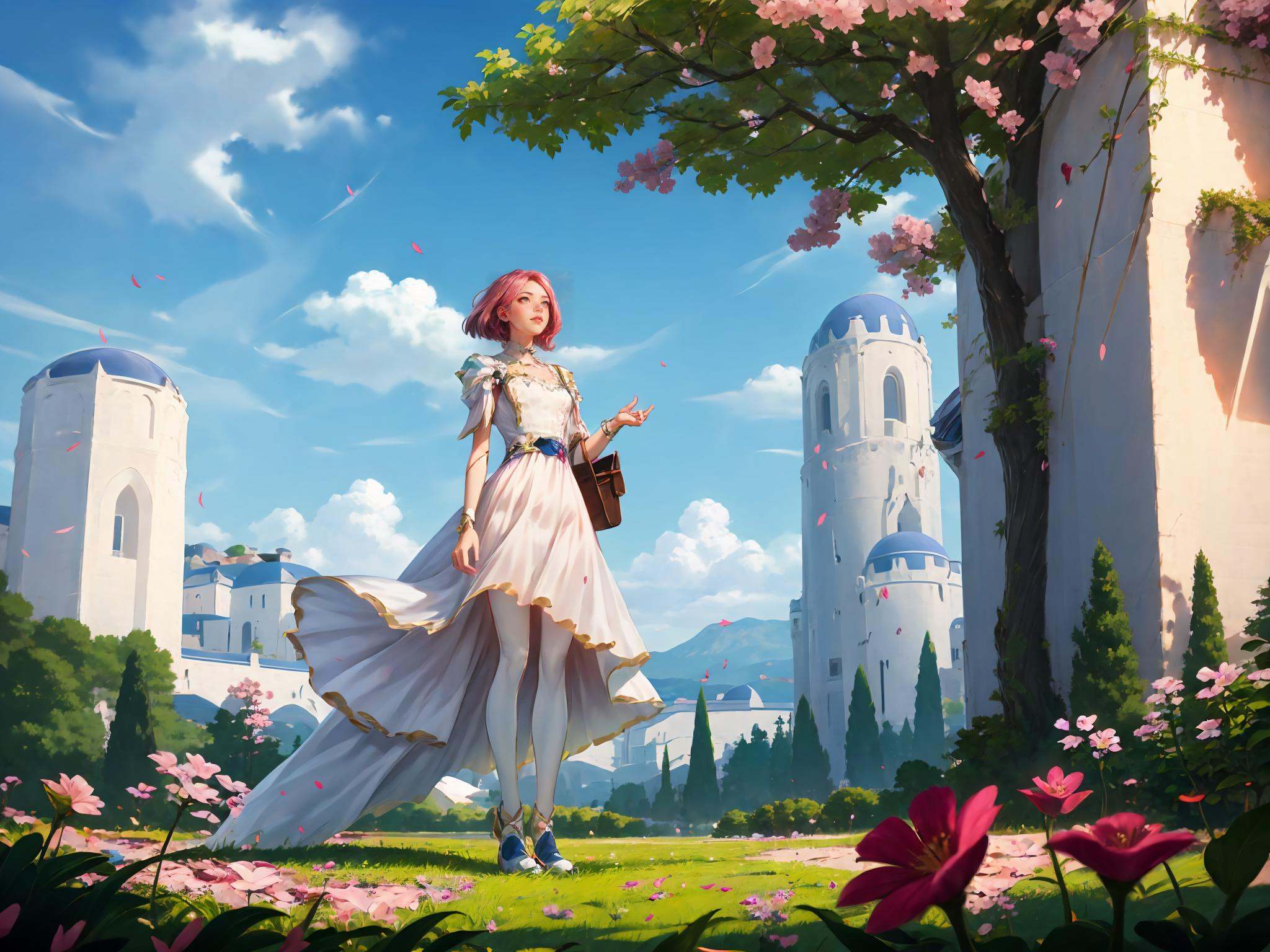HEZI,LOL,lol style,game CG,a woman in a white dress standing in front of a tree with pink flowers on it and a blue sky,Chizuko Yoshida,rossdraws global illumination,a detailed painting,<lora:LOL德玛西亚(8bit）:0.7>,