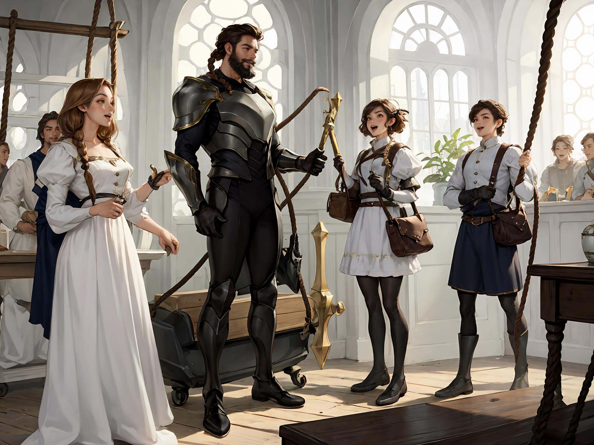 HEZI, LOL, lol style, game cg, brown hair, 1girl, multiple boys, hammer, watercraft, braid, rope, boots, armor, long hair, standing, weapon, open mouth, dress, ship, puffy sleeves, dragon, brown eyes, holding, multiple girls, holding hammer, smile, bird, gloves, indoors, looking at another, 3boys, boat, short hair, horns, fantasy, sword, faceless, beard, twin braids, long sleeves, window, bag,<lora:盒子系列——LOL美宣氛围质感(德玛西亚):0.6>,