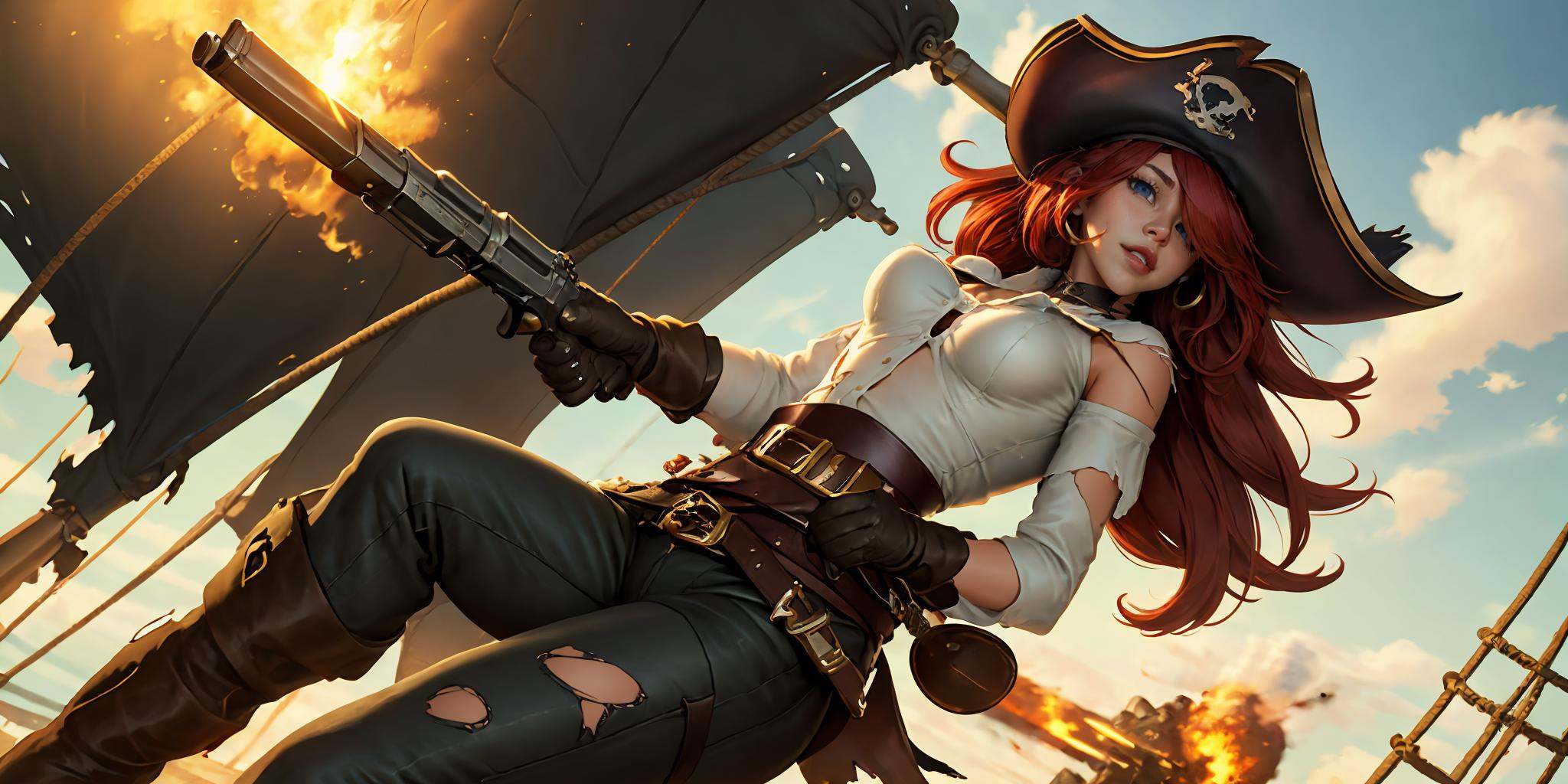 HEZI,LOL,\\\(lol style\\\),game cg,1girl,dual wielding,gun,hat,weapon,red hair,long hair,blue eyes,holding,hair over one eye,breasts,belt,explosion,handgun,smoke,flag,medium breasts,torn clothes,antique firearm,pants,holding weapon,smoking gun,from below,pirate hat,holding gun,solo,solo focus,shirt,thigh strap,firing,looking at viewer,sky,lips,<lora:LOL比尔吉沃特(8bit)-000015:0.6>,