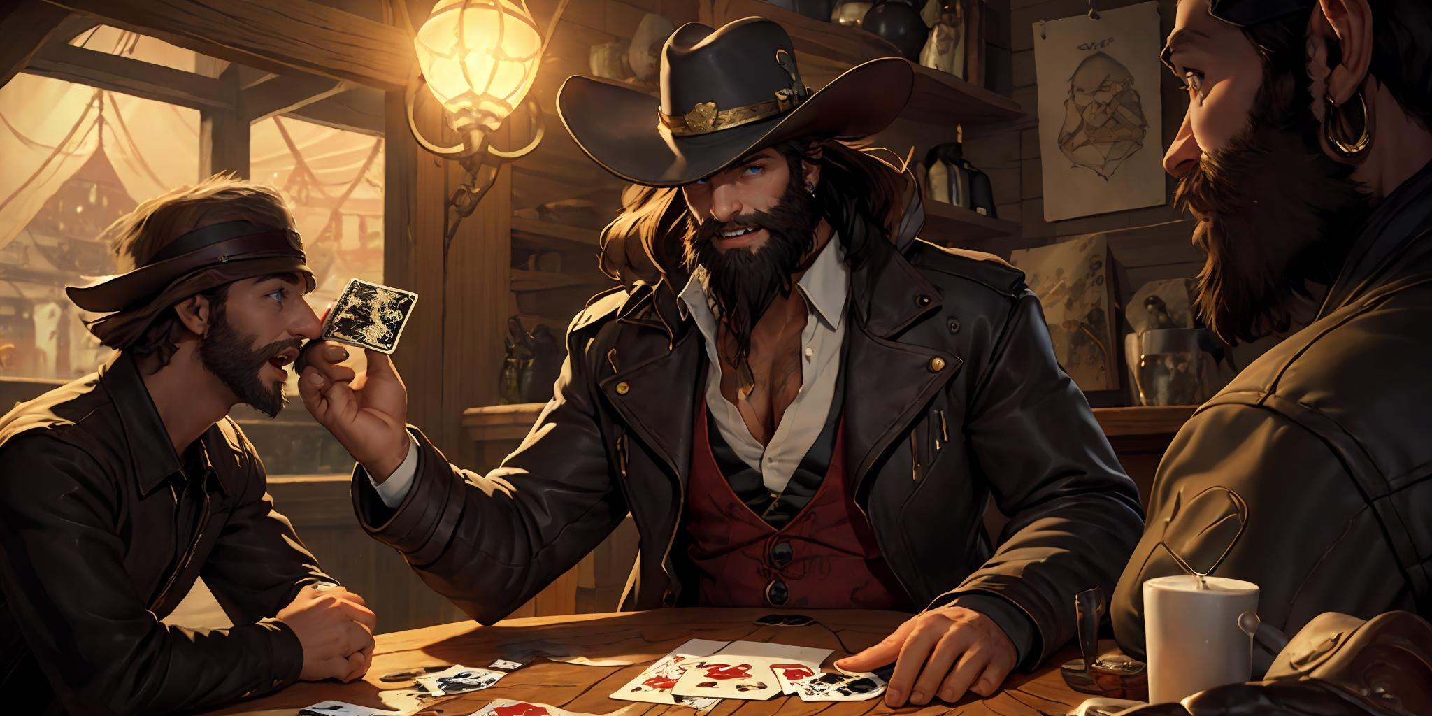HEZI,LOL,\\\(lol style\\\),game cg,hat,beard,card,male focus,facial hair,glowing,mature male,black hair,multiple boys,long hair,blue eyes,glowing eyes,smile,looking at viewer,cowboy hat,holding,upper body,muscular male,teeth,holding card,1boy,muscular,light,long sleeves,short hair,brown hair,indoors,jacket,open mouth,bara,playing card,hand on headwear,shirt,3boys,closed mouth,solo,solo focus,<lora:LOL比尔吉沃特(8bit)-000015:0.6>,