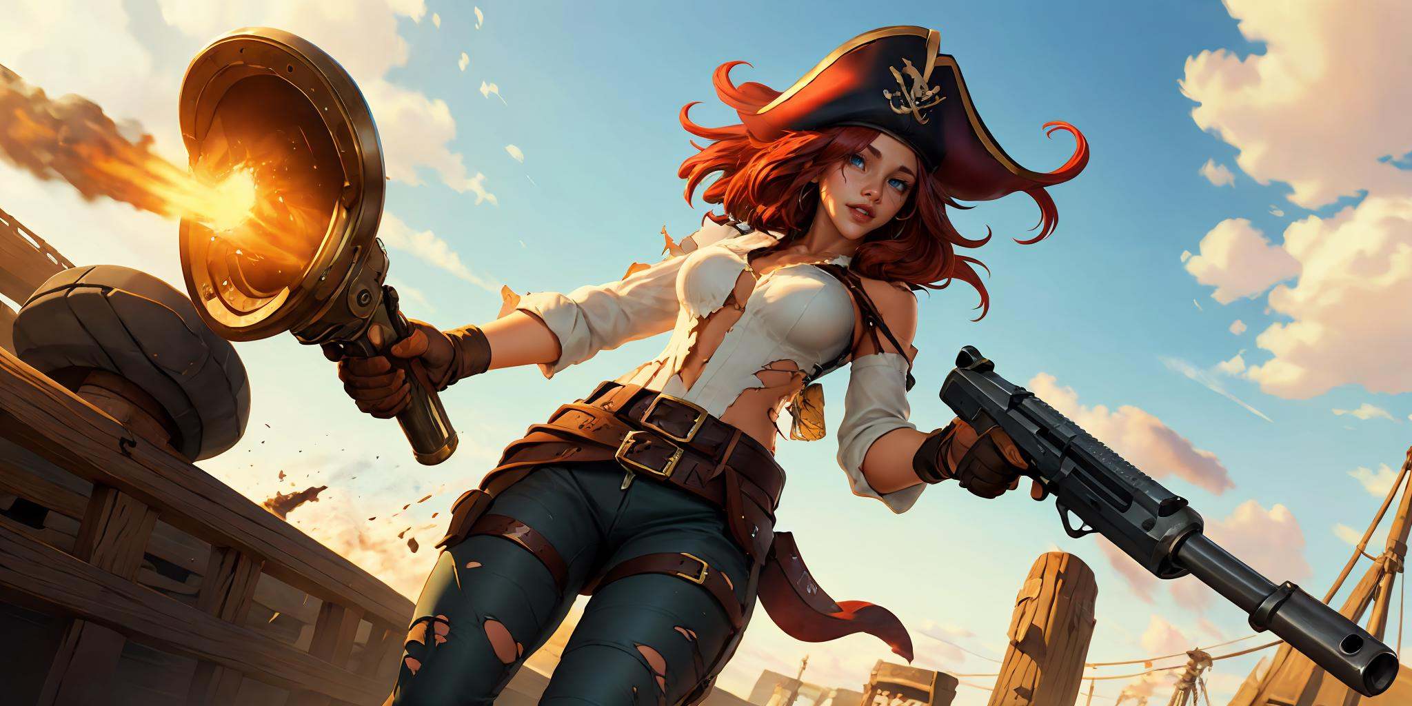 HEZI,LOL,\\\(lol style\\\),game cg,1girl,dual wielding,gun,hat,weapon,red hair,long hair,blue eyes,holding,hair over one eye,breasts,belt,explosion,handgun,smoke,flag,medium breasts,torn clothes,antique firearm,pants,holding weapon,smoking gun,from below,pirate hat,holding gun,solo,solo focus,shirt,thigh strap,firing,looking at viewer,sky,lips,<lora:LOL比尔吉沃特(8bit)-000015:0.6>,