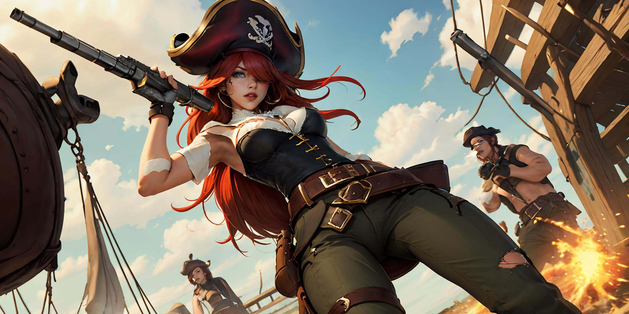 HEZI,LOL,\\\(lol style\\\),game cg,1girl,dual wielding,gun,hat,weapon,red hair,long hair,blue eyes,holding,hair over one eye,breasts,belt,explosion,handgun,smoke,flag,medium breasts,torn clothes,antique firearm,pants,holding weapon,smoking gun,from below,pirate hat,holding gun,solo,solo focus,shirt,thigh strap,firing,looking at viewer,sky,lips,<lora:LOL比尔吉沃特(8bit)-000015:0.6>,