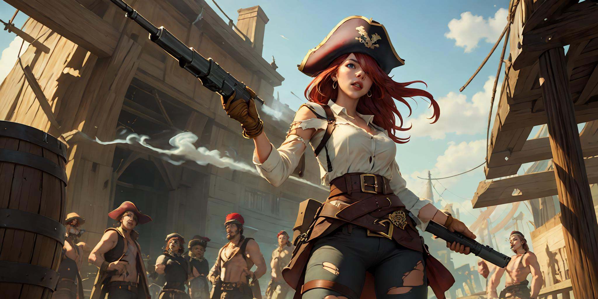 HEZI, LOL, \\\(lol style\\\), game cg, 1girl, dual wielding, gun, hat, weapon, red hair, long hair, blue eyes, holding, hair over one eye, breasts, belt, explosion, handgun, smoke, flag, medium breasts, torn clothes, antique firearm, pants, holding weapon, smoking gun, from below, pirate hat, holding gun, solo, solo focus, shirt, thigh strap, firing, looking at viewer, sky, lips<lora:LOL比尔吉沃特(8bit)-000015:0.6>,