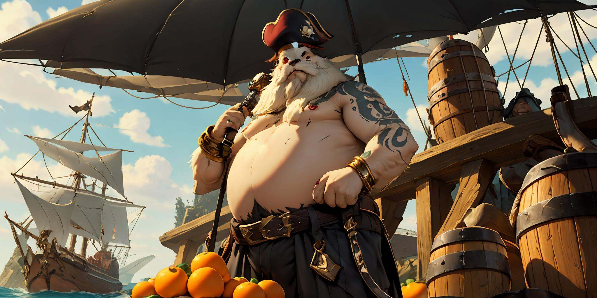 HEZI,LOL,\\\(lol style\\\),game cg,ring,food,ship,fruit,watercraft,jewelry,1boy,beard,sky,cloud,pirate,male focus,furry male,furry,solo,day,facial hair,orange \(fruit\),outdoors,fat,belt,tattoo,weapon,fat man,sword,black nails,bracelet,nail polish,red eyes,blue sky,barrel,mandarin orange,umbrella,white hair,hat,mast,animal ears,knife,teeth,<lora:LOL比尔吉沃特(8bit)-000015:0.6>,