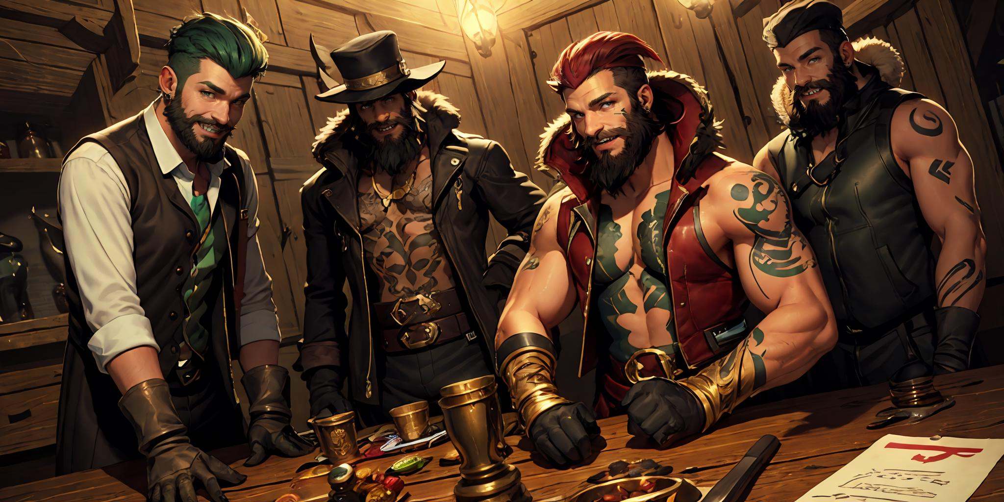 HEZI,LOL,\\\(lol style\\\),game cg,multiple boys,facial hair,hat,crossed arms,tattoo,table,beard,smile,muscular,holding,weapon,indoors,male focus,vest,open mouth,mustache,muscular male,arm tattoo,4boys,shirt,jewelry,dark skin,sleeveless,knife,1girl,red hair,makeup,black hair,open clothes,sharp teeth,gloves,teeth,fur trim,long hair,green hair,dark-skinned male,sitting,lipstick,5boys,jacket,3boys,colored skin,grin,short hair,<lora:LOL比尔吉沃特(8bit)-000015:0.6>,