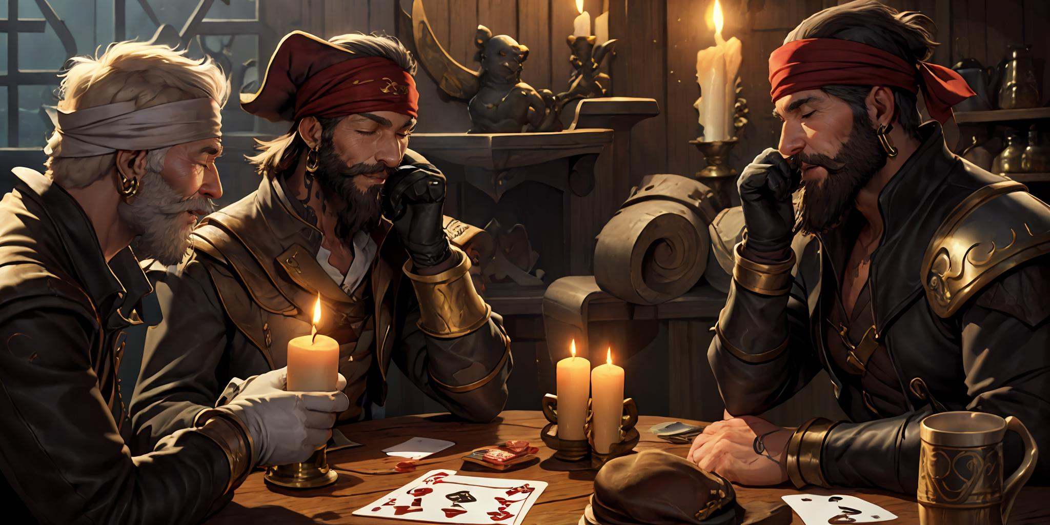 HEZI, LOL, \\\(lol style\\\), game cg, beard, facial hair, card, hat, multiple boys, 3boys, male focus, jewelry, earrings, bottle, indoors, smile, black hair, hoop earrings, playing card, mustache, holding, table, headband, pirate, candle, old, white hair, closed eyes, short hair, tattoo, food, gloves, old man, brown hair, hand on own chin, sitting, black headwear, bandana, mature male, cup, long sleeves, holding card, armor, fire, leather, looking at another, belt<lora:LOL比尔吉沃特(8bit)-000015:0.6>,
