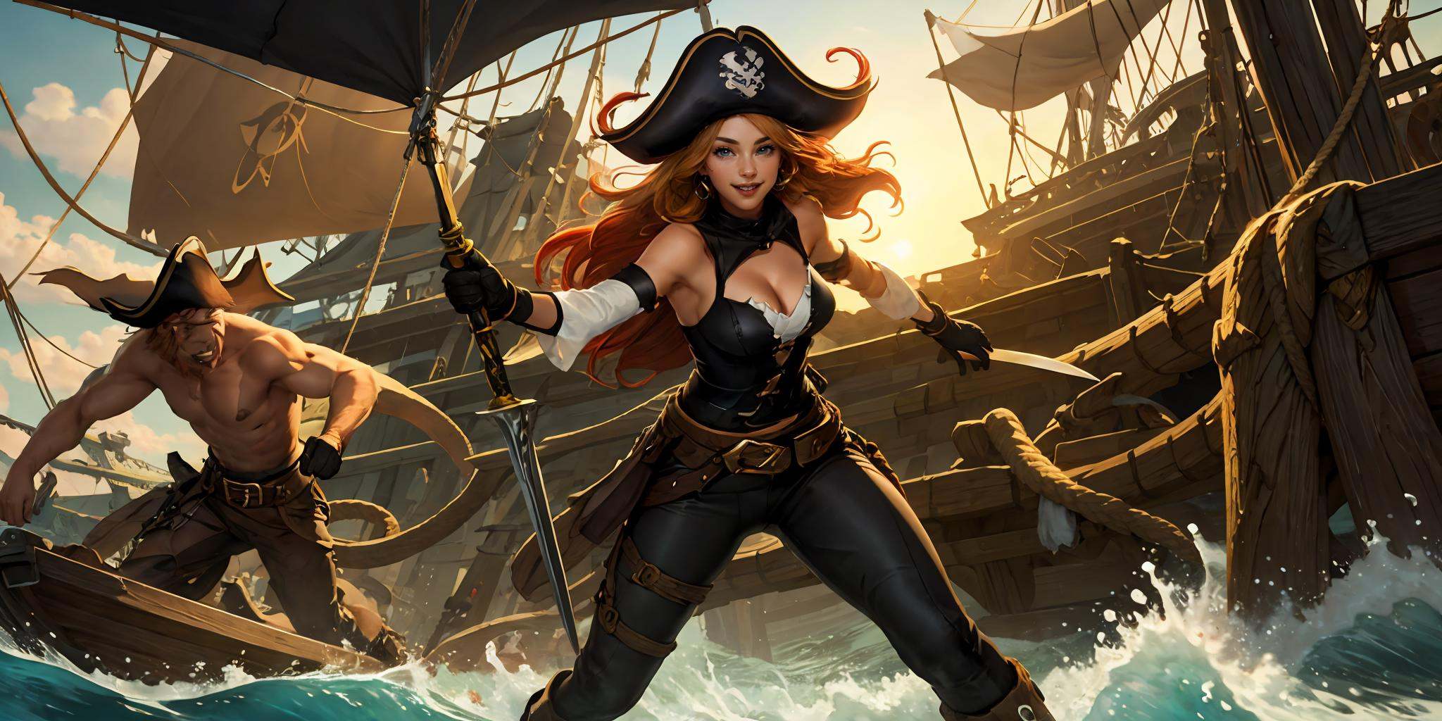 HEZI,LOL,\\\(lol style\\\),game cg,hat,ship,watercraft,weapon,long hair,red hair,breasts,gun,multiple girls,pirate,pirate hat,boots,sword,cleavage,blonde hair,water,ocean,sunset,pants,battle,2girls,bare shoulders,multiple boys,medium breasts,belt,smile,1girl,detached sleeves,dutch angle,rope,mast,<lora:LOL比尔吉沃特(8bit)-000015:0.6>,