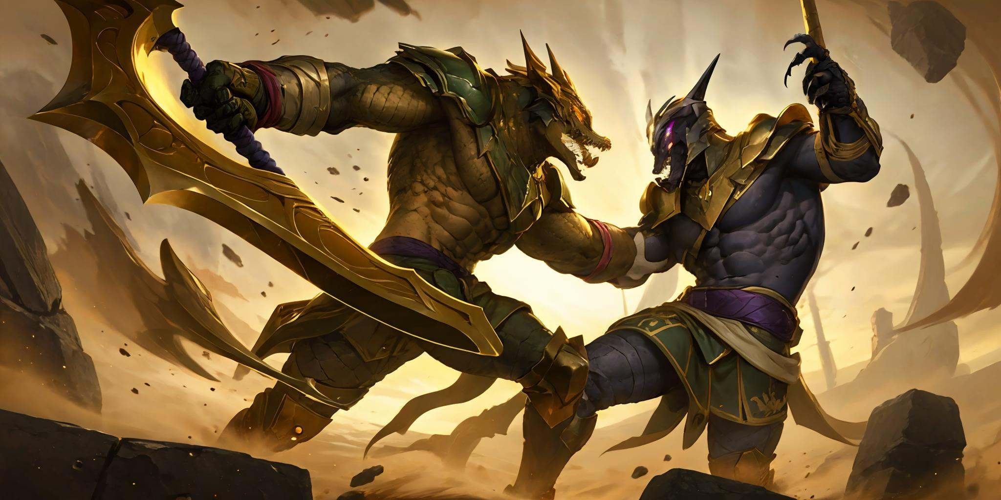 HEHEZI,LOL,\\\(lol style\\\),game cg,glowing eyes,weapon,glowing,multiple boys,sharp teeth,teeth,holding,muscular,open mouth,colored skin,male focus,2boys,armor,holding weapon,fighting,battle,horns,purple skin,looking at another,staff,muscular male,abs,topless male,scales,claws,shoulder armor,outdoors,giant,rock,yellow eyes,polearm,orange eyes,<lora:LOL恕瑞玛(8bit)-000008:0.7>,