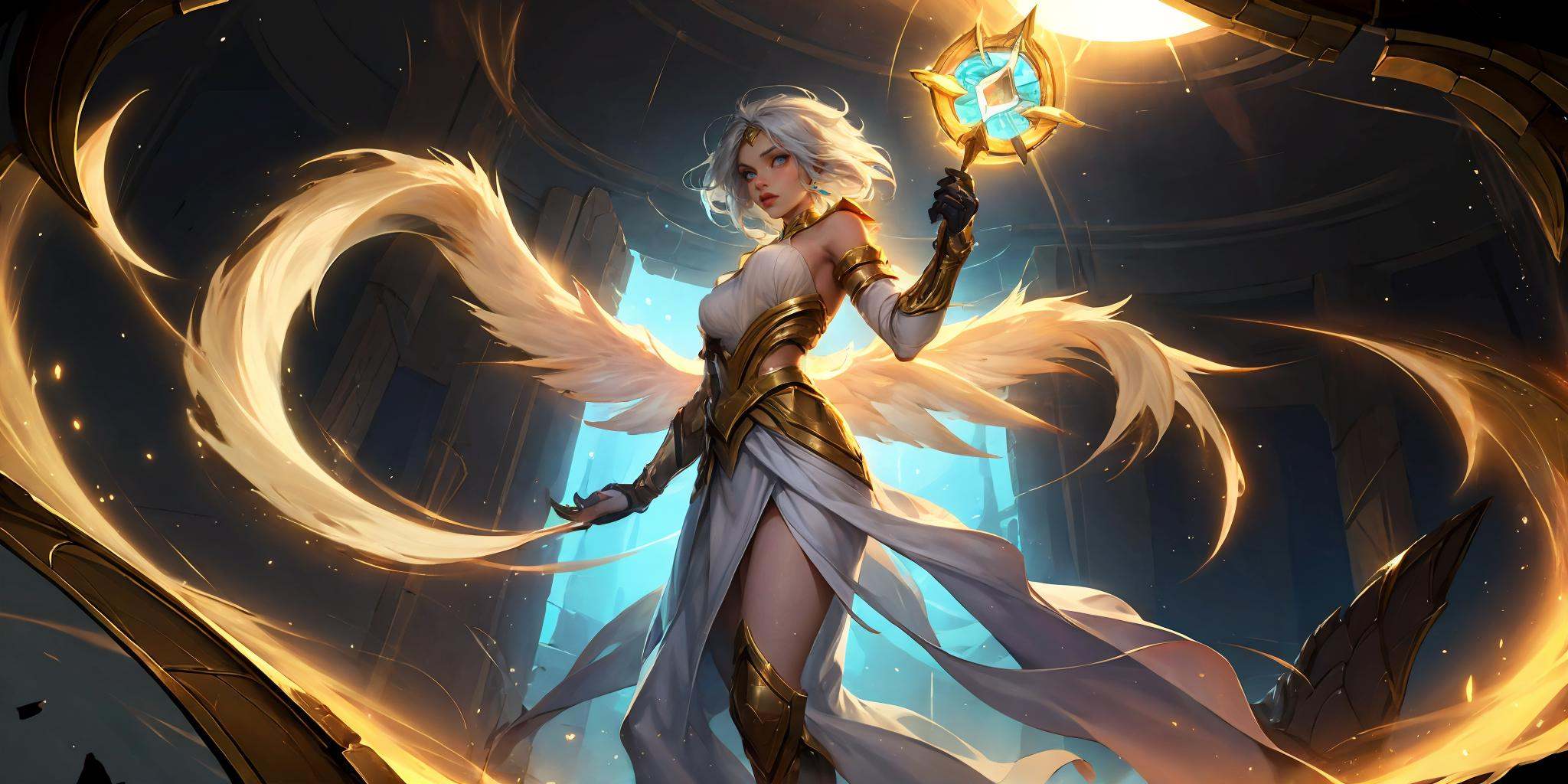 HEZI,LOL,\(lol style\),game cg,1girl,blue eyes,wings,holding,lux (league of legends),staff,weapon,breasts,bare shoulders,medium breasts,armlet,looking at viewer,dress,armor,white hair,long hair,backlighting,solo focus,<lora:盒子系列——LOL美宣氛围质感(恕瑞玛):0.65>,