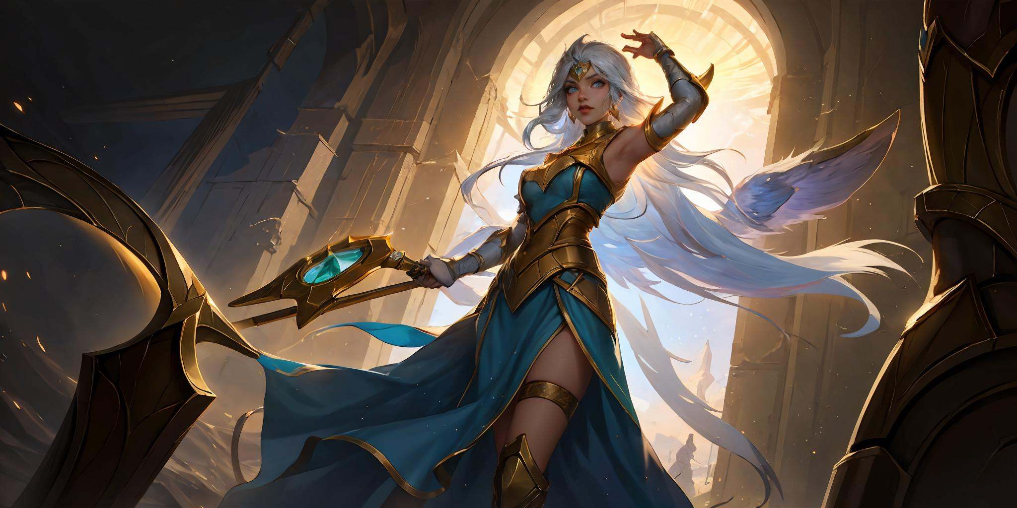 HEZI,LOL,\(lol style\),game cg,1girl,blue eyes,wings,holding,lux (league of legends),staff,weapon,breasts,bare shoulders,medium breasts,armlet,looking at viewer,dress,armor,white hair,long hair,backlighting,solo focus,<lora:盒子系列——LOL美宣氛围质感(恕瑞玛):0.65>,