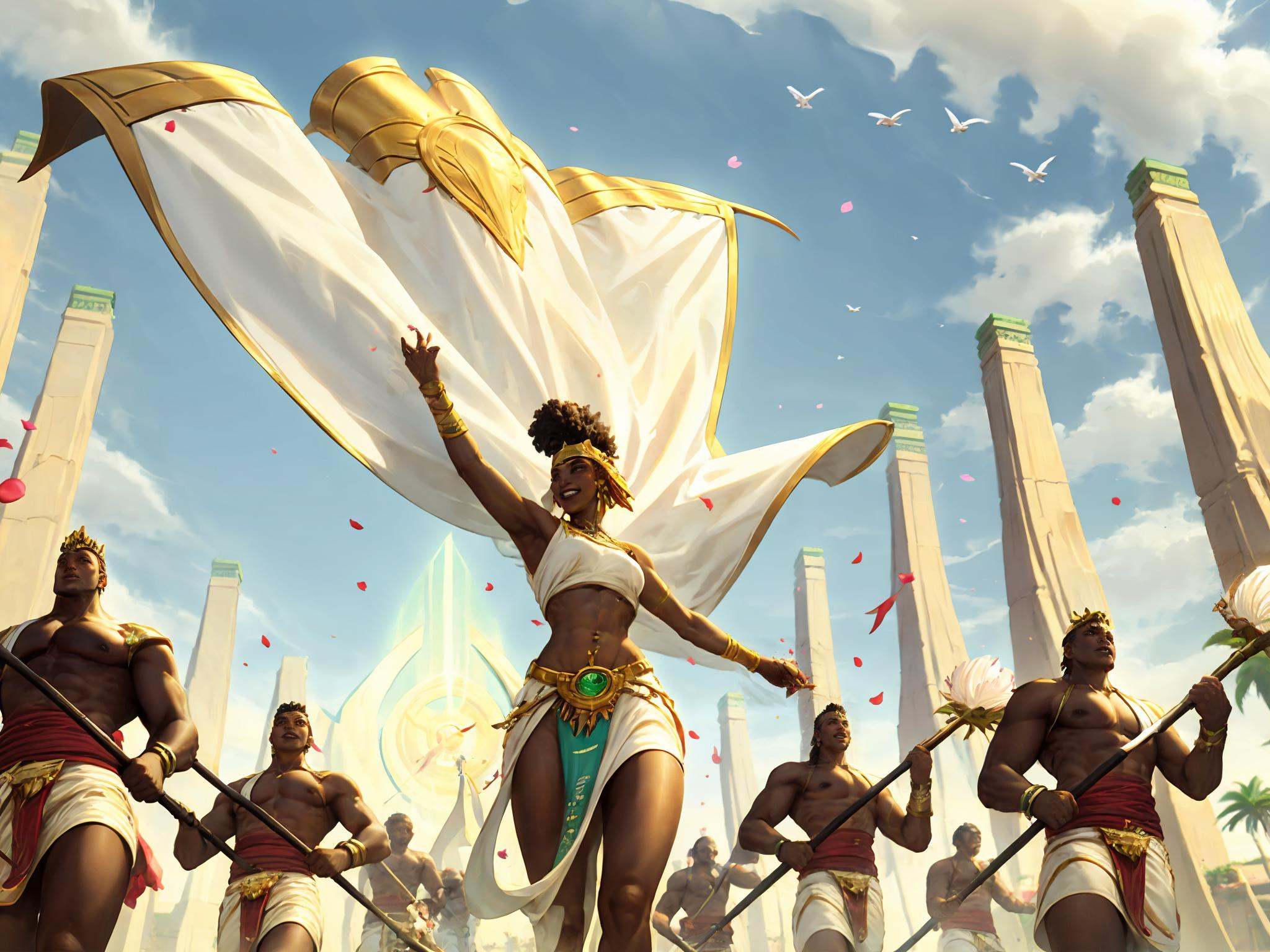 HEHEZI,LOL,\\\(lol style\\\),game cg,dark skin,polearm,multiple boys,1girl,outdoors,sky,weapon,jewelry,holding,holding polearm,day,spear,navel,6+boys,tree,cloud,bracelet,flower,black hair,bird,smile,holding weapon,palm tree,flag,petals,very dark skin,blue sky,midriff,dark-skinned male,staff,earrings,holding staff,grin,teeth,dark-skinned female,from below,standing,armlet,muscular,mohawk,muscular male,greek clothes,egyptian clothes,holding flag,piercing,crop top,pillar,cloudy sky,breasts,banner,holding flower,facial hair,solo focus,brown hair,shield,short hair,laurel crown,necklace,open mouth,<lora:LOL恕瑞玛(8bit)-000008:0.7>,