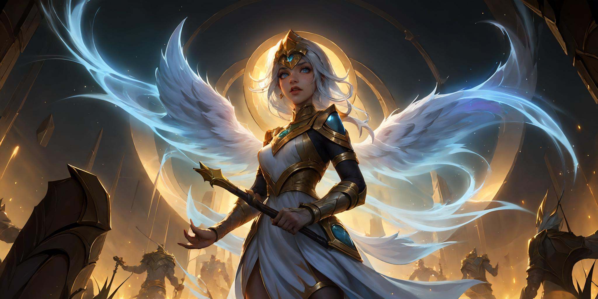 HEZI,LOL,\(lol style\),game cg,1girl,blue eyes,wings,holding,lux (league of legends),staff,weapon,breasts,bare shoulders,medium breasts,armlet,looking at viewer,dress,armor,white hair,long hair,backlighting,solo focus,<lora:盒子系列——LOL美宣氛围质感(恕瑞玛):0.65>,